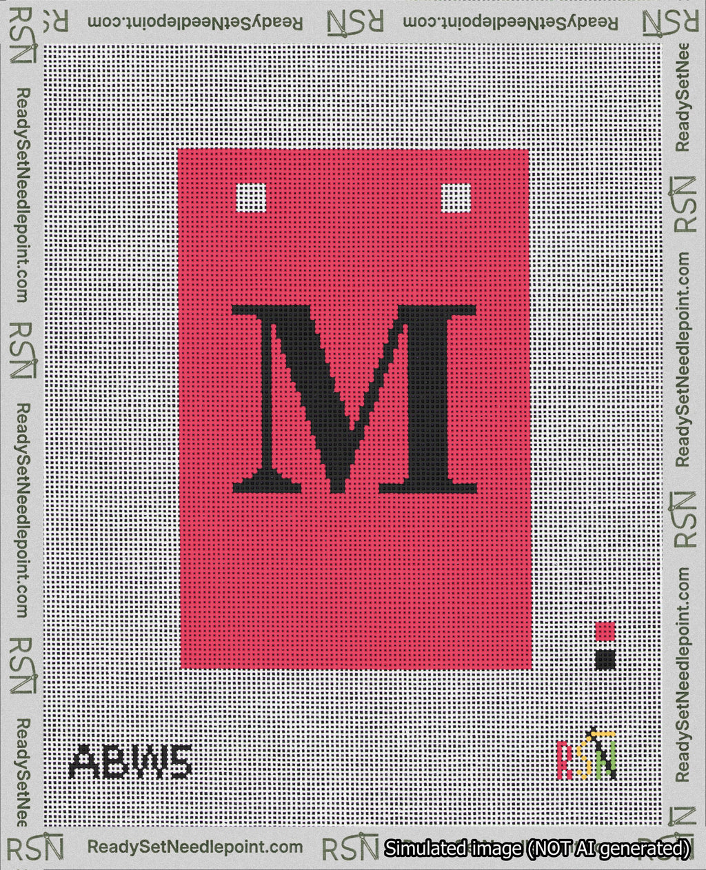 A taped needlepoint canvas with the design: Banner 18 mesh count Squared M Black on Red.
