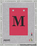 A taped needlepoint canvas with the design: Banner 18 mesh count Squared M Black on Red.
