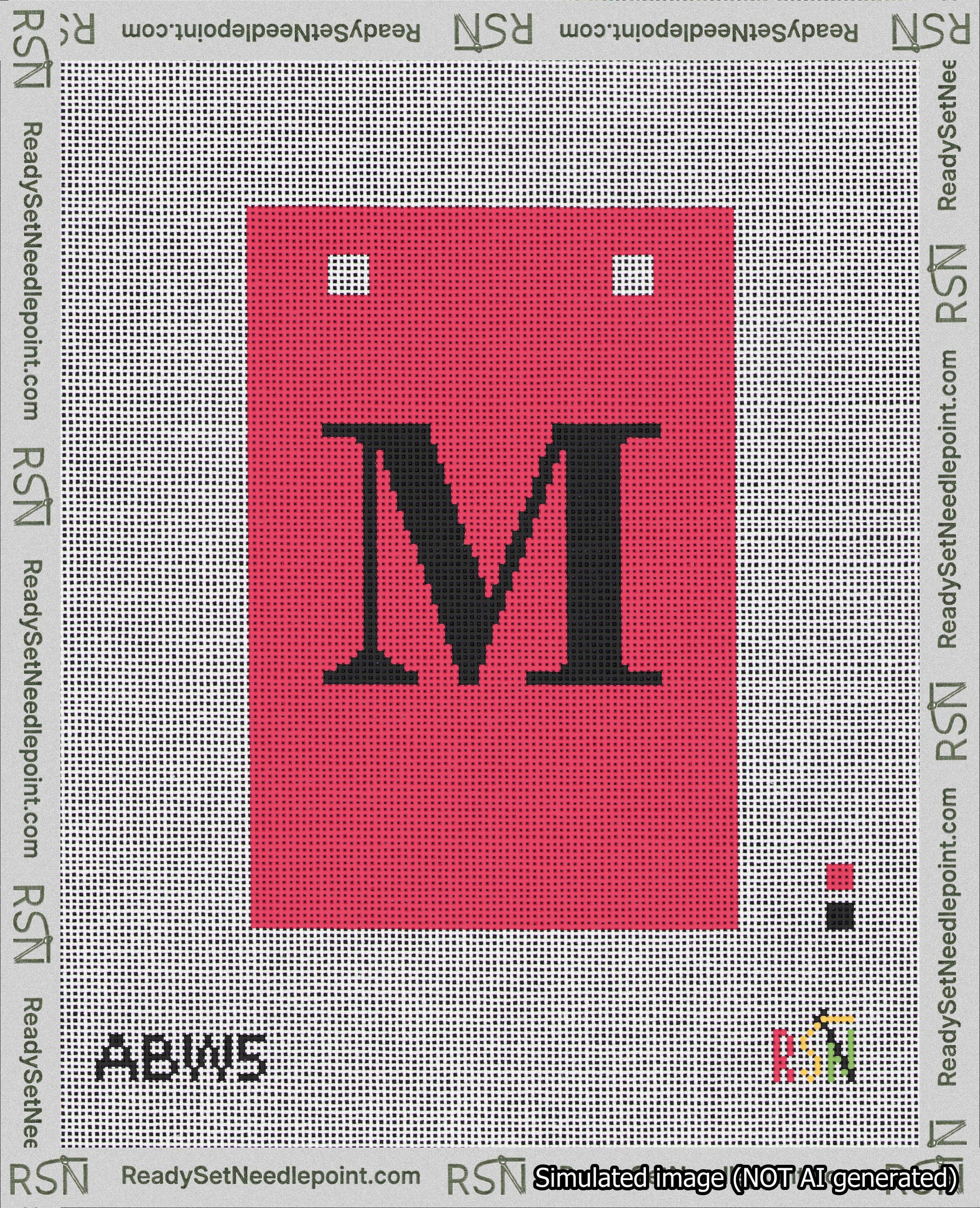 A taped needlepoint canvas with the design: Banner 18 mesh count Squared M Black on Red.