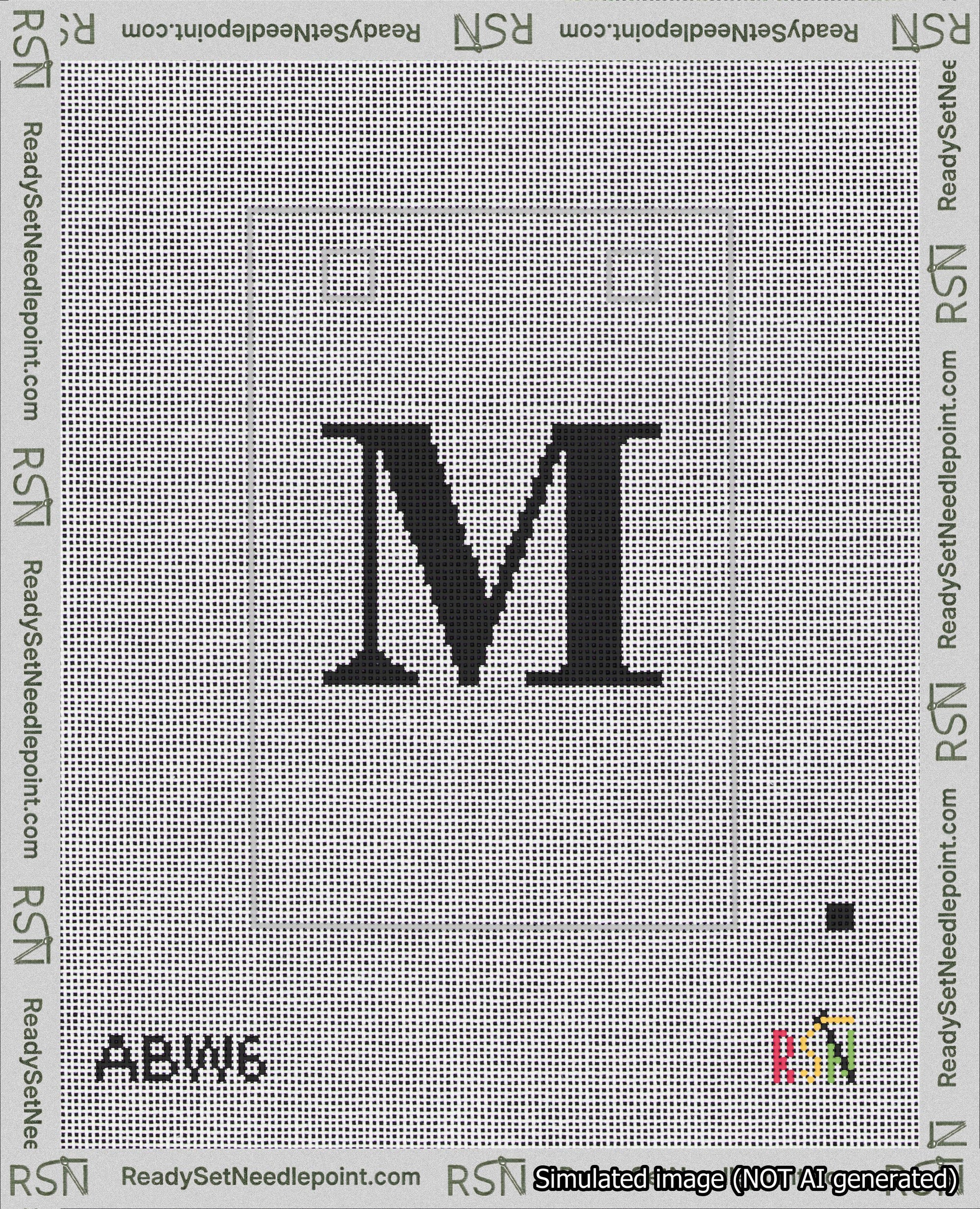 A taped needlepoint canvas with the design: Banner 18 mesh count Squared M Black on White.