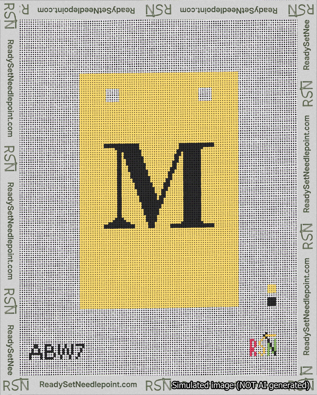 A taped needlepoint canvas with the design: Banner 18 mesh count Squared M Black on Yellow.
