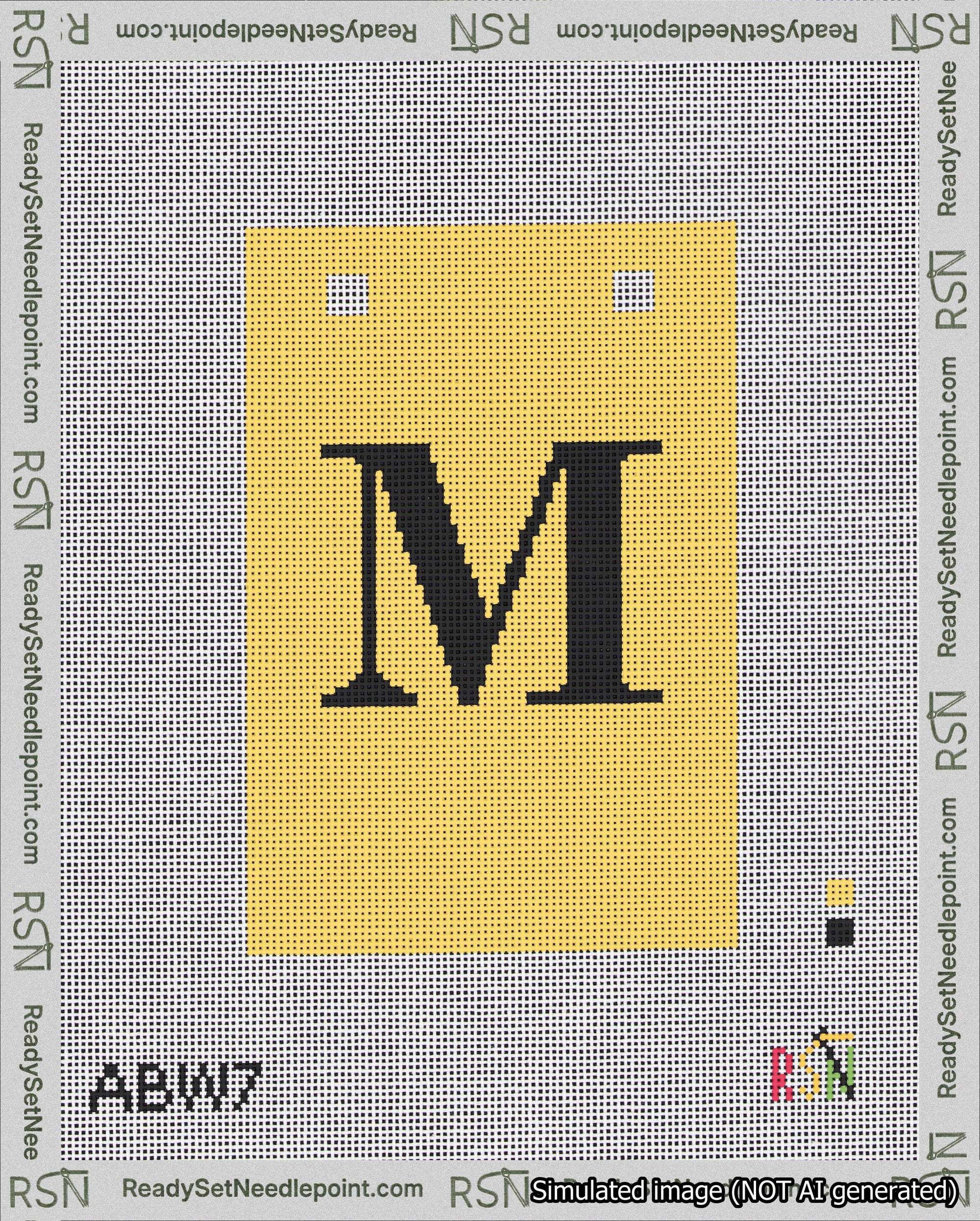 A taped needlepoint canvas with the design: Banner 18 mesh count Squared M Black on Yellow.