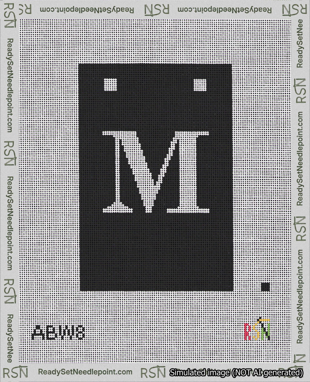 A taped needlepoint canvas with the design: Banner 18 mesh count Squared M White on Black.