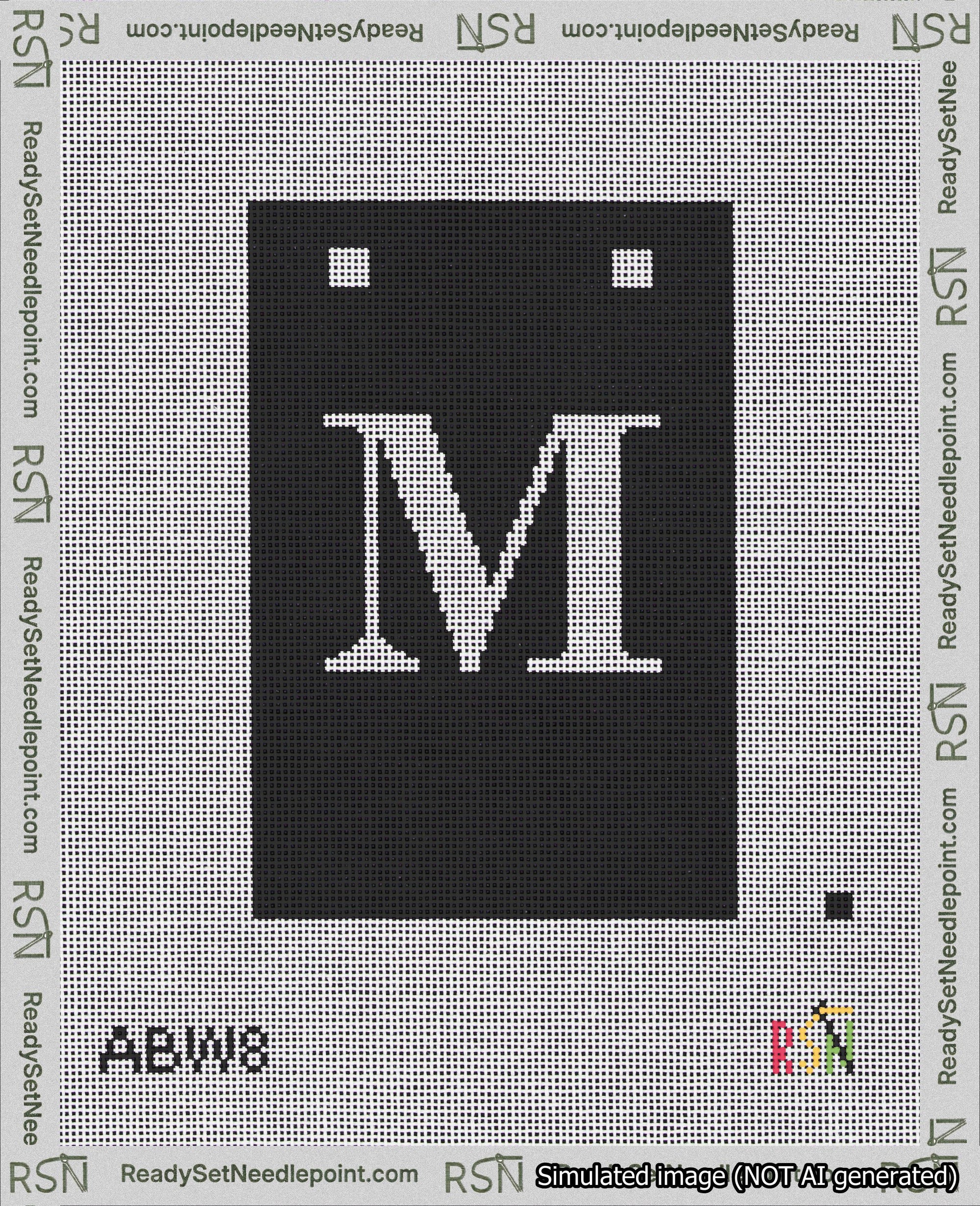 A taped needlepoint canvas with the design: Banner 18 mesh count Squared M White on Black.