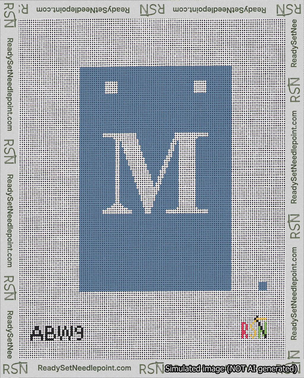 A taped needlepoint canvas with the design: Banner 18 mesh count Squared M White on Blue.