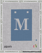 A taped needlepoint canvas with the design: Banner 18 mesh count Squared M White on Blue.