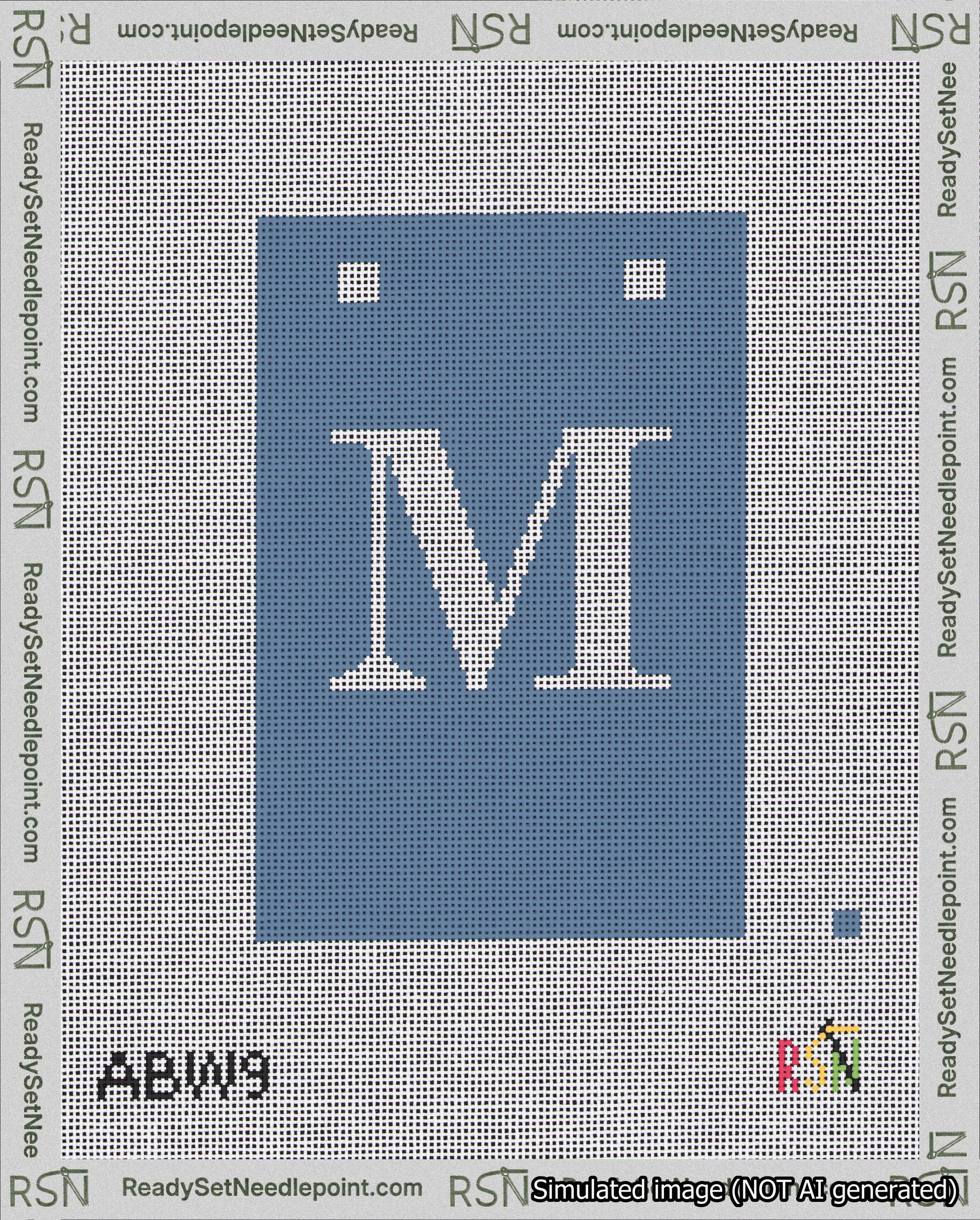 A taped needlepoint canvas with the design: Banner 18 mesh count Squared M White on Blue.