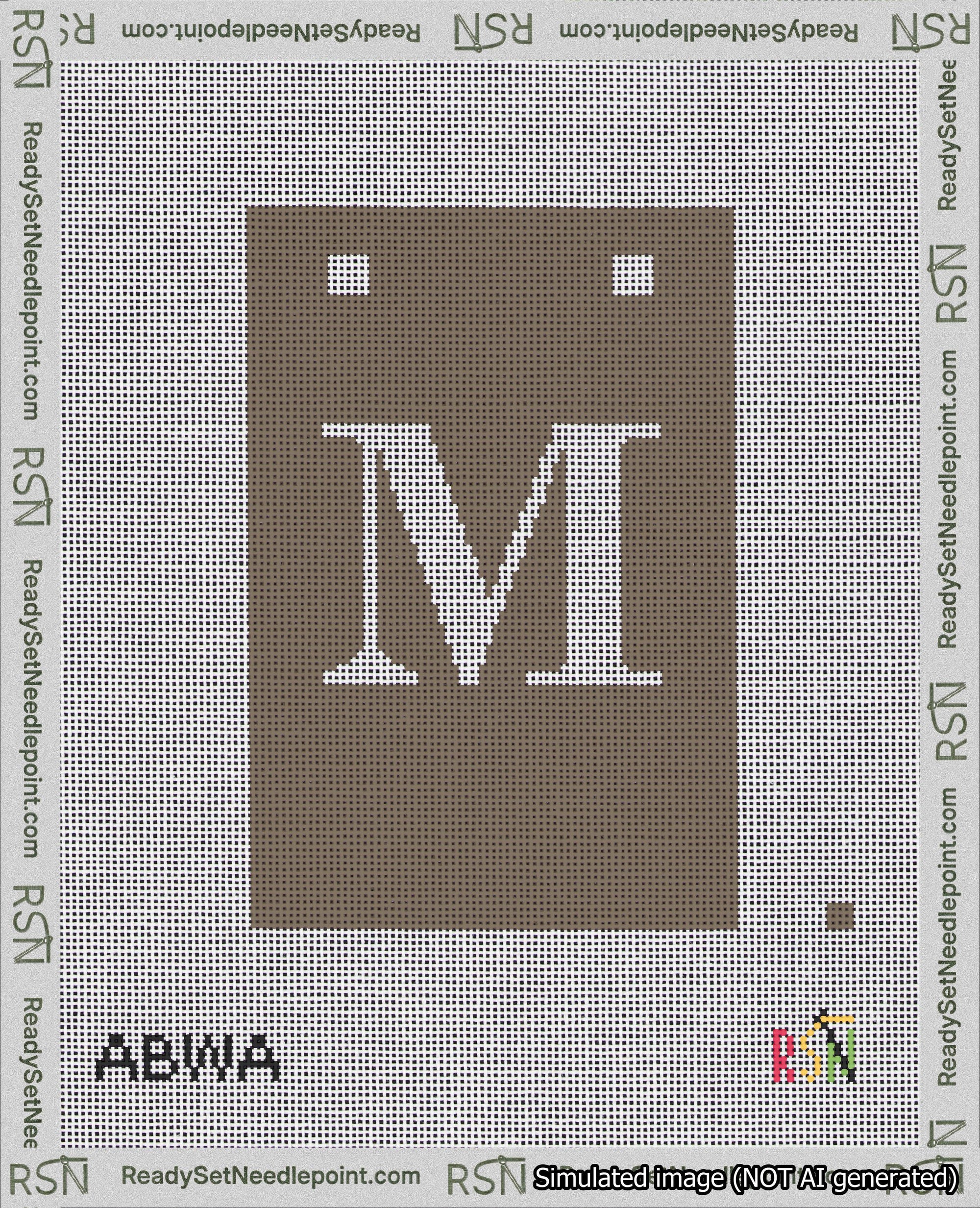 A taped needlepoint canvas with the design: Banner 18 mesh count Squared M White on Brown.