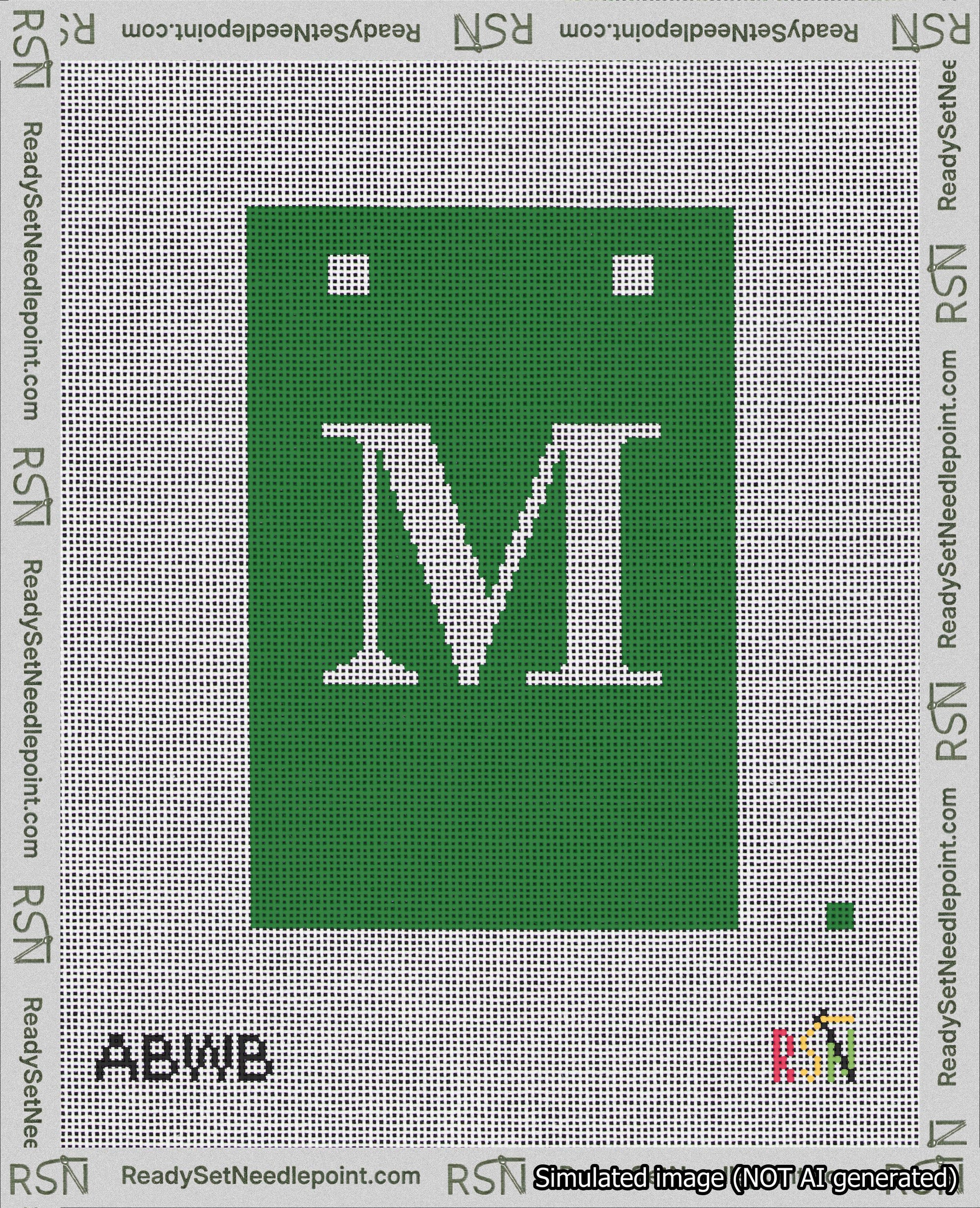 A taped needlepoint canvas with the design: Banner 18 mesh count Squared M White on Green.