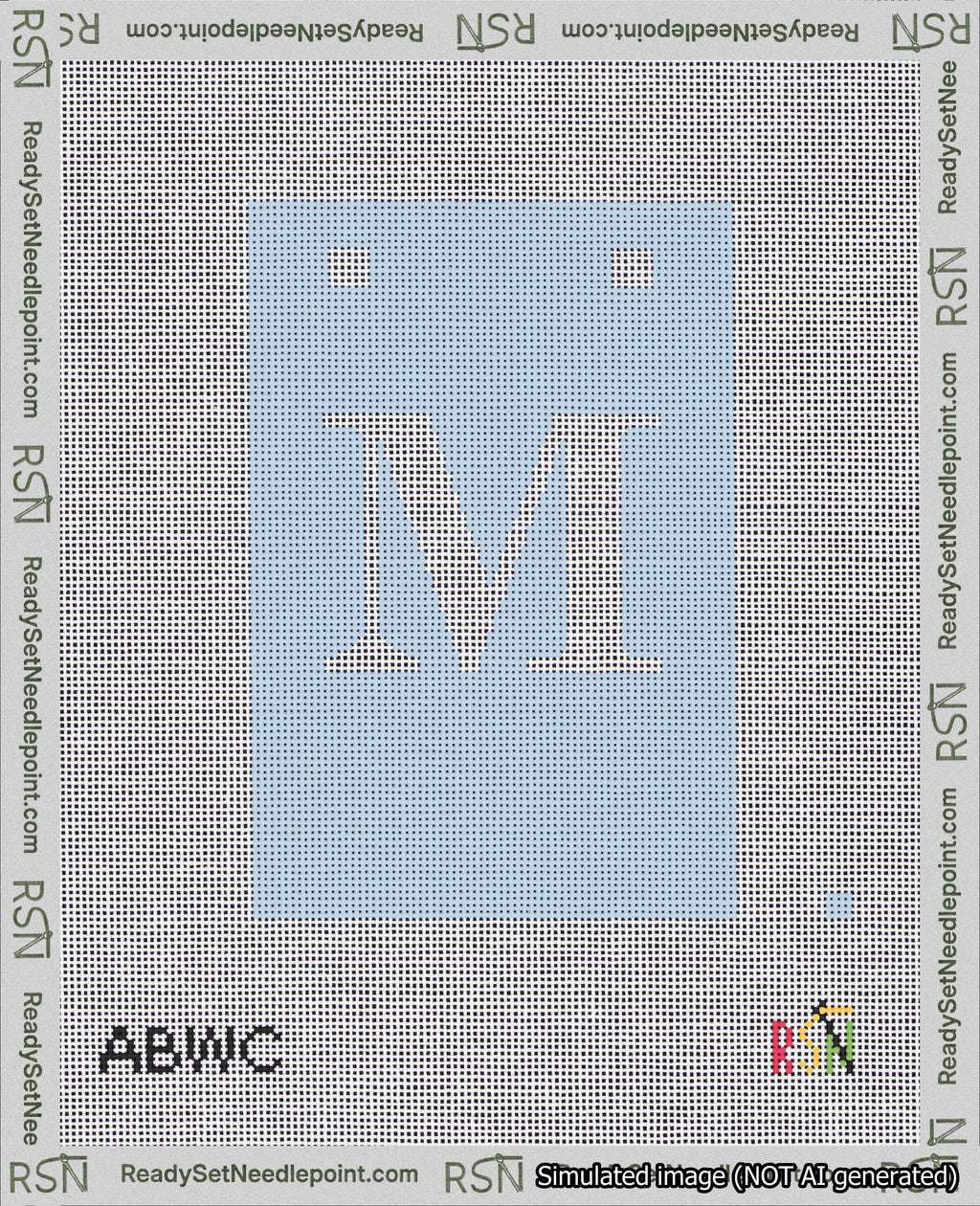 A taped needlepoint canvas with the design: Banner 18 mesh count Squared M White on Light Blue.