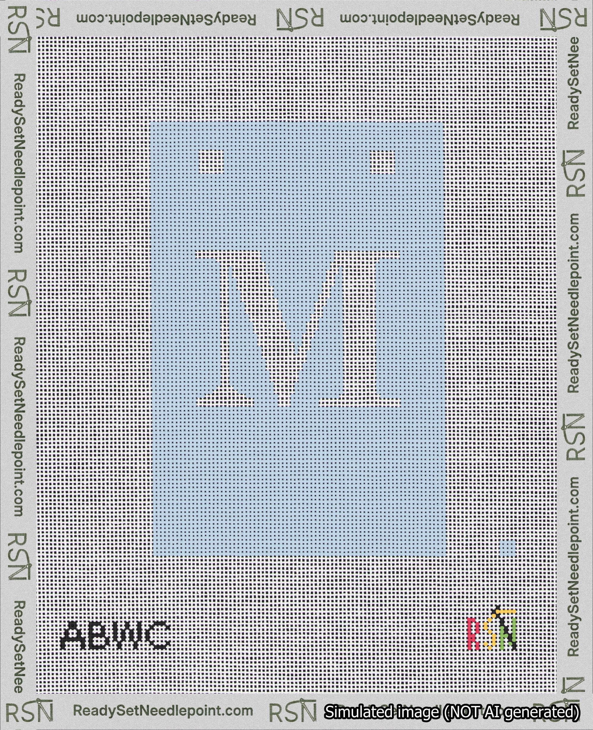 A taped needlepoint canvas with the design: Banner 18 mesh count Squared M White on Light Blue.
