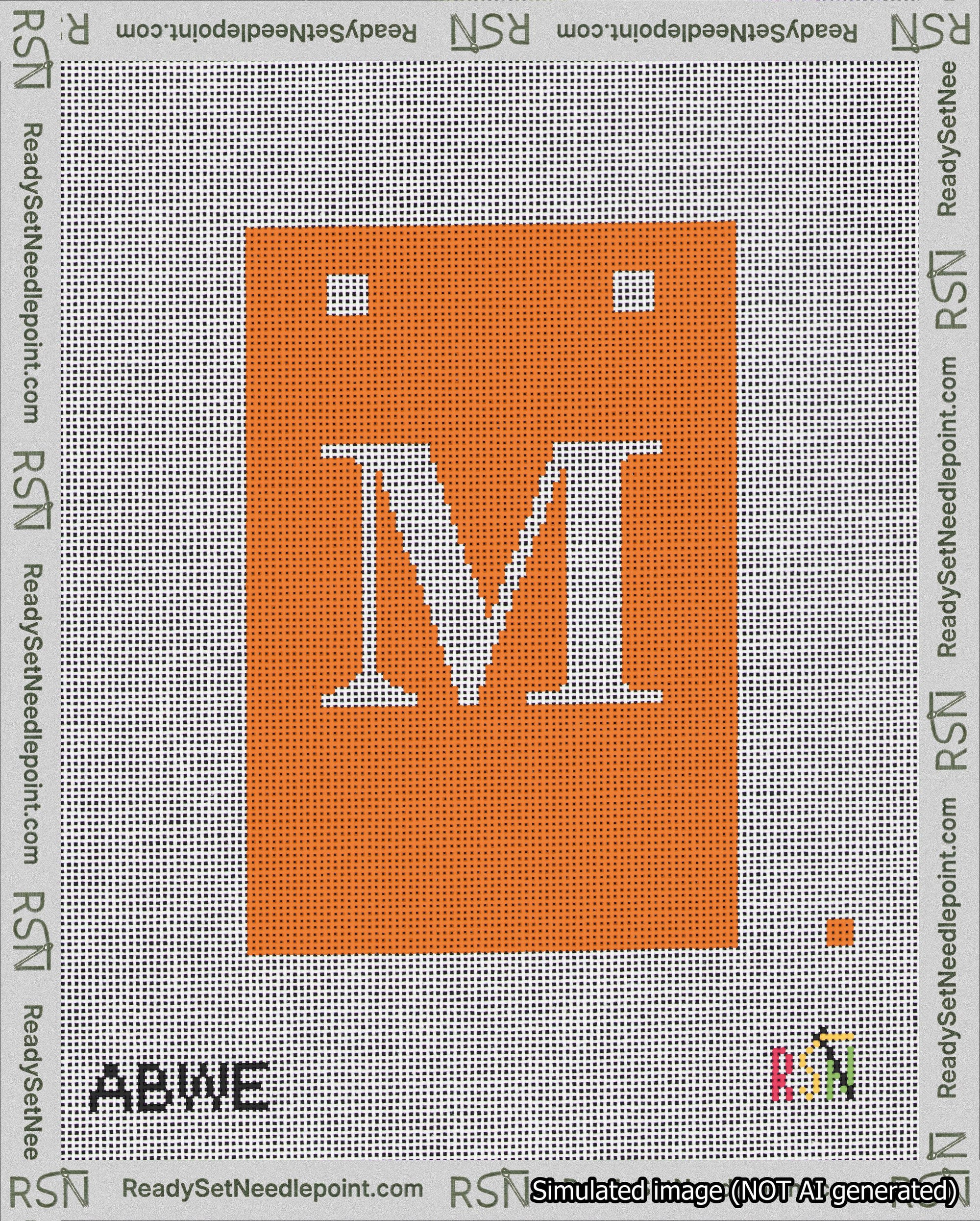 A taped needlepoint canvas with the design: Banner 18 mesh count Squared M White on Orange.