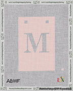 A taped needlepoint canvas with the design: Banner 18 mesh count Squared M White on Pink.