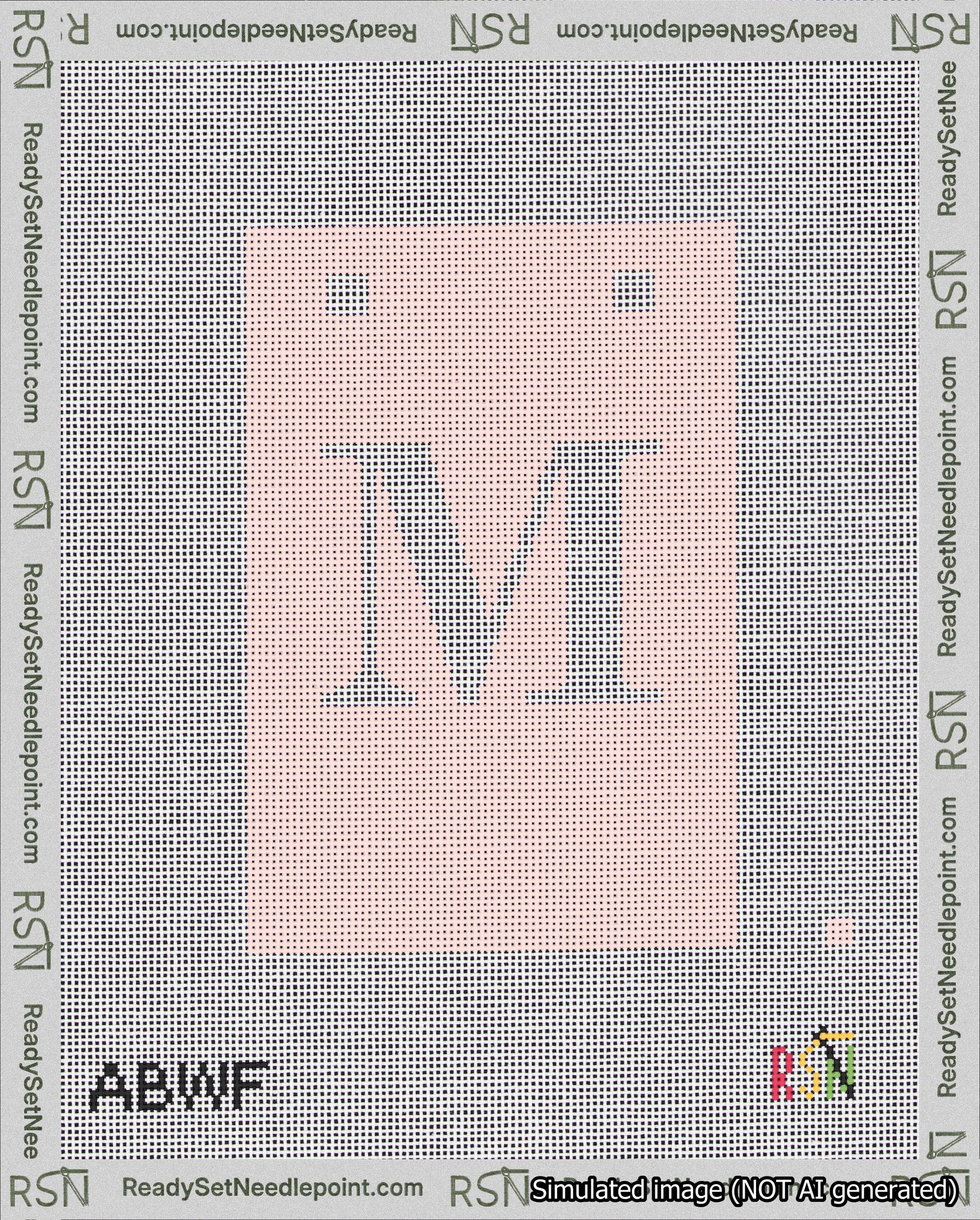 A taped needlepoint canvas with the design: Banner 18 mesh count Squared M White on Pink.