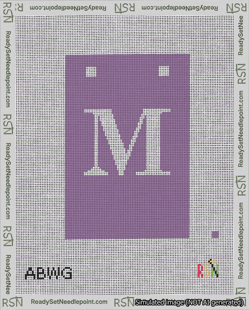 A taped needlepoint canvas with the design: Banner 18 mesh count Squared M White on Purple.
