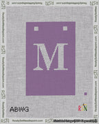 A taped needlepoint canvas with the design: Banner 18 mesh count Squared M White on Purple.