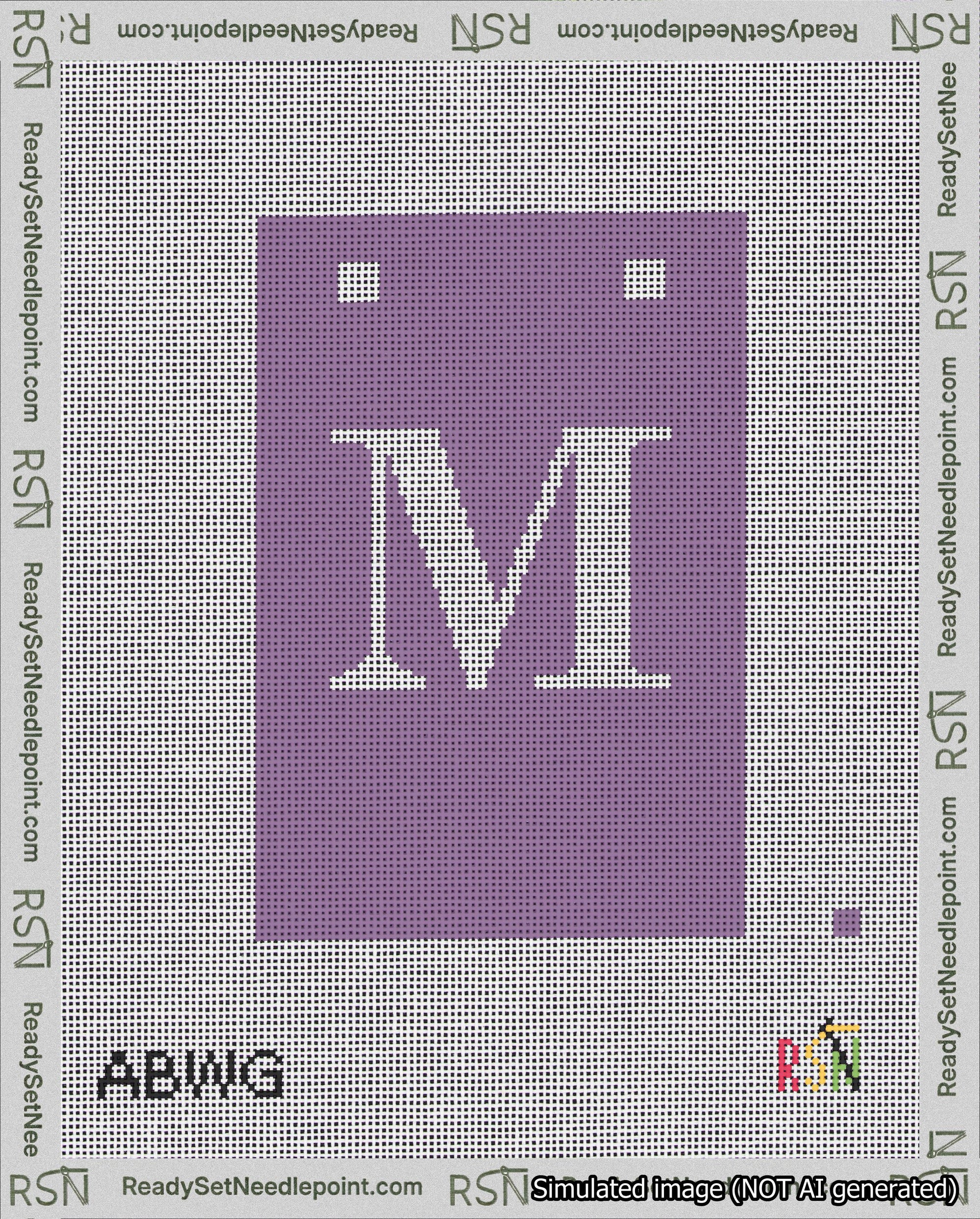 A taped needlepoint canvas with the design: Banner 18 mesh count Squared M White on Purple.