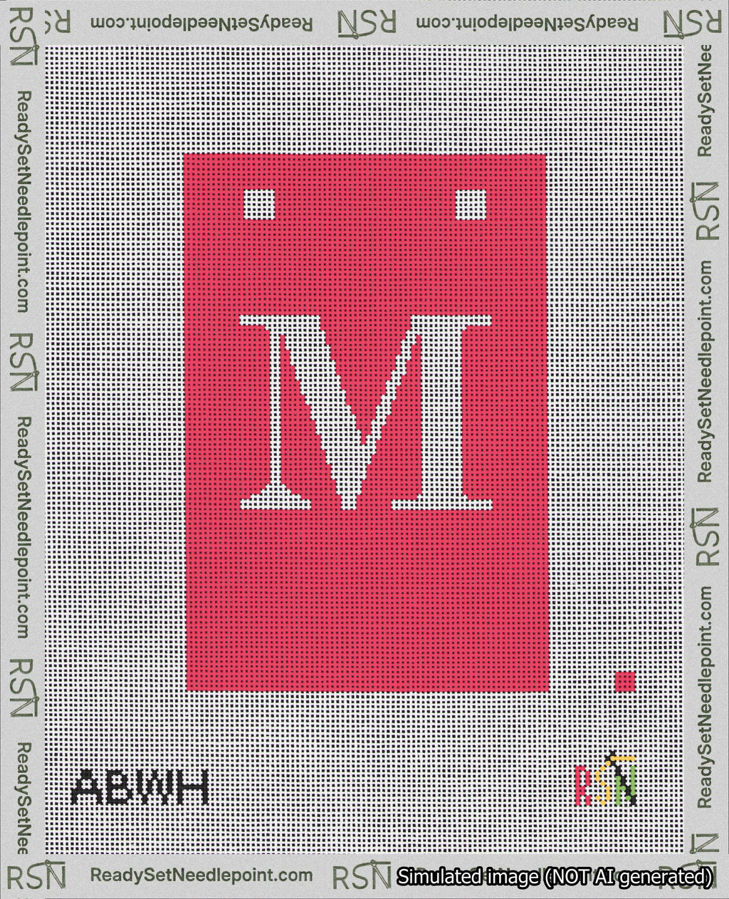 A taped needlepoint canvas with the design: Banner 18 mesh count Squared M White on Red.