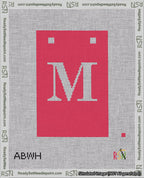 A taped needlepoint canvas with the design: Banner 18 mesh count Squared M White on Red.