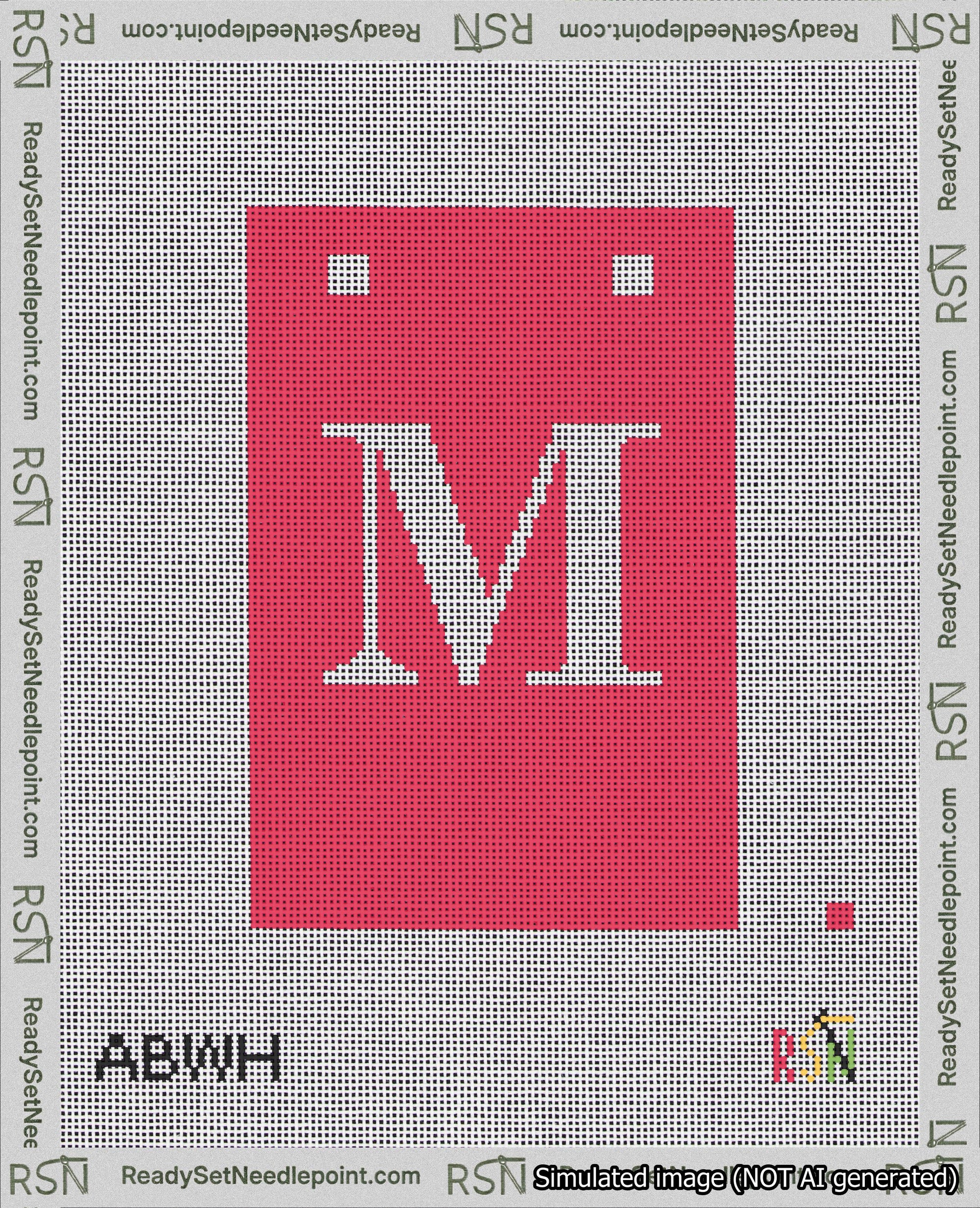 A taped needlepoint canvas with the design: Banner 18 mesh count Squared M White on Red.