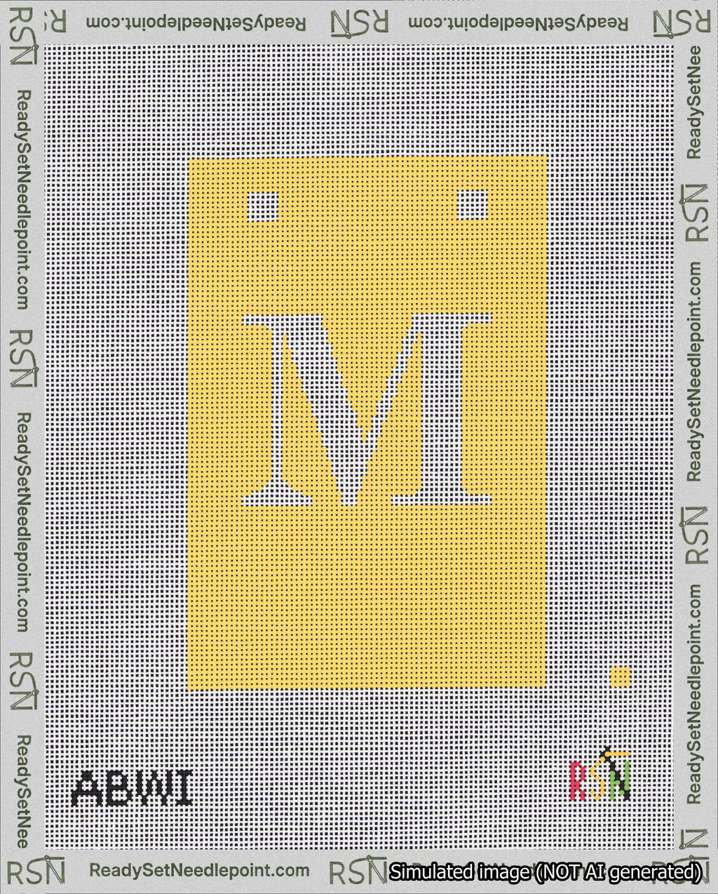 A taped needlepoint canvas with the design: Banner 18 mesh count Squared M White on Yellow.