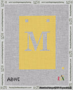 A taped needlepoint canvas with the design: Banner 18 mesh count Squared M White on Yellow.
