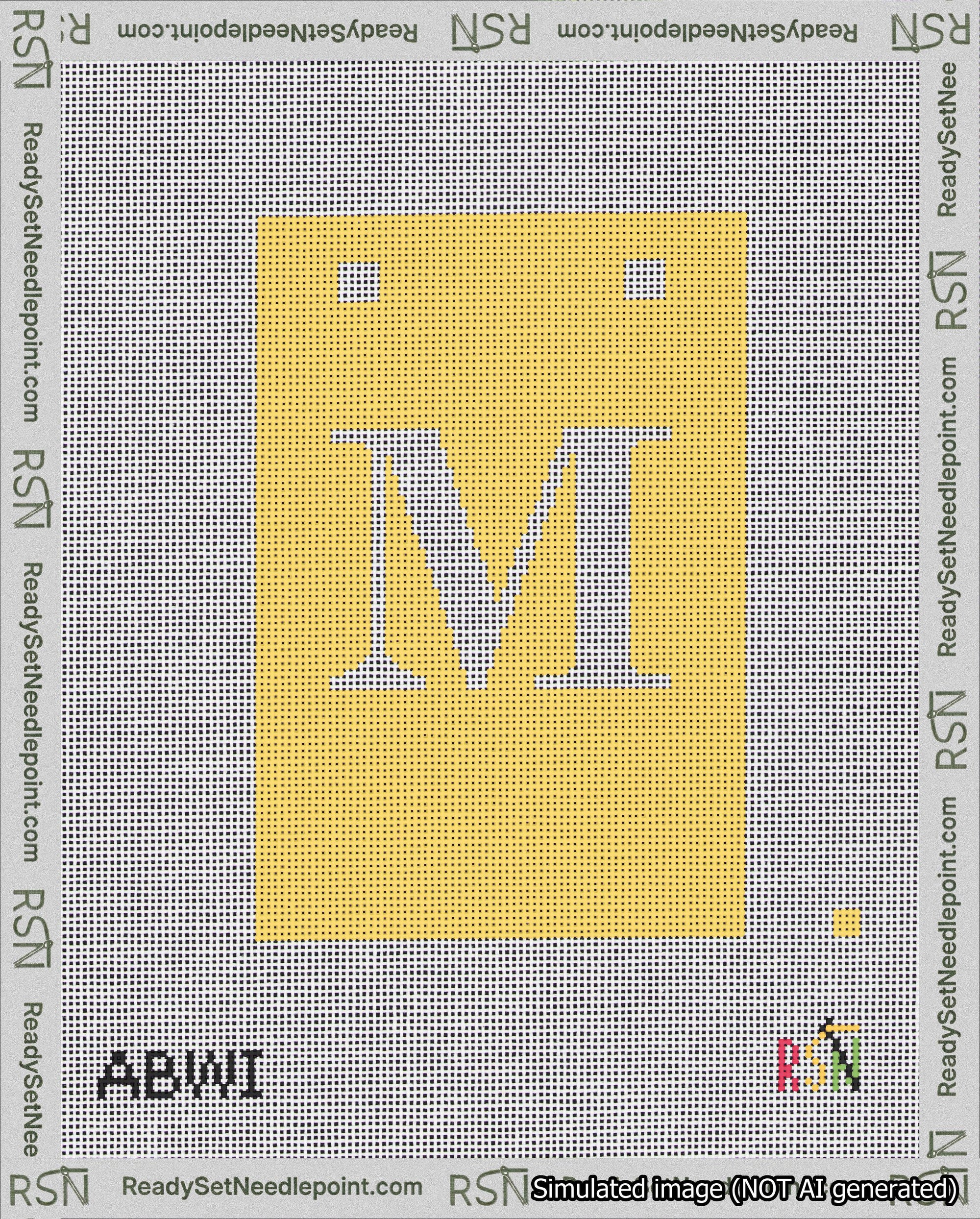 A taped needlepoint canvas with the design: Banner 18 mesh count Squared M White on Yellow.