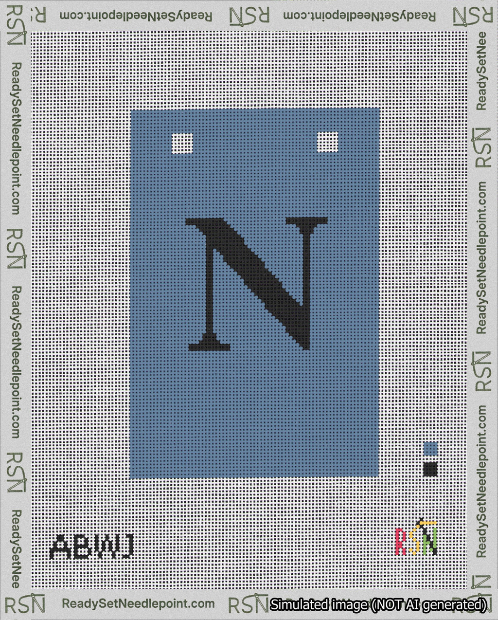 A taped needlepoint canvas with the design: Banner 18 mesh count Squared N Black on Blue.