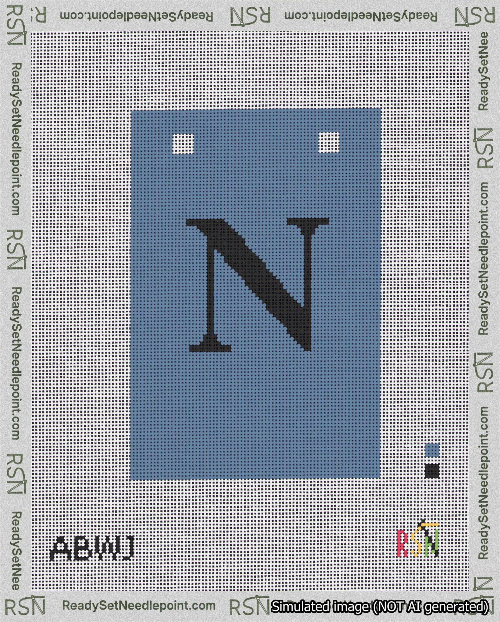 A taped needlepoint canvas with the design: Banner 18 mesh count Squared N Black on Blue.