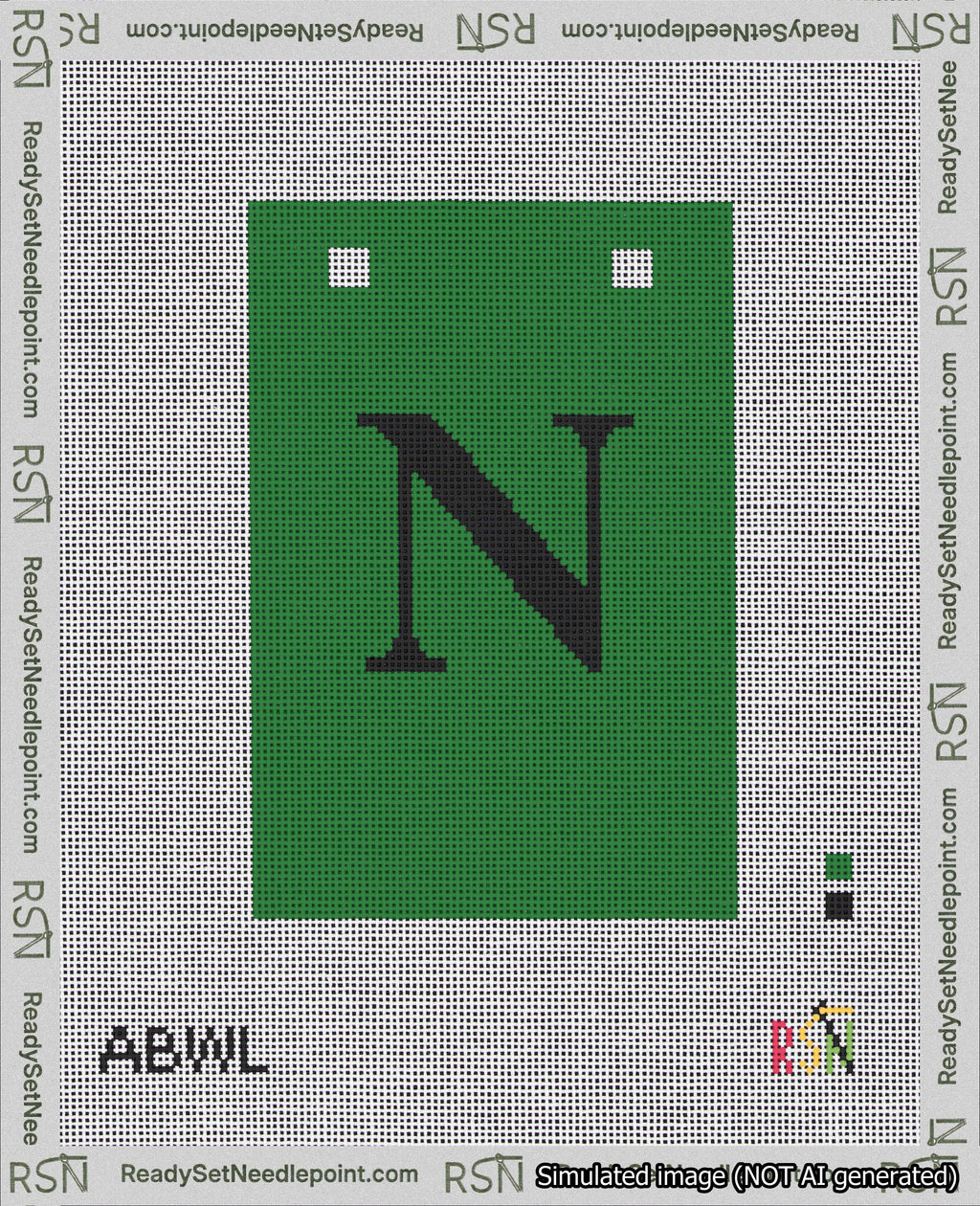 A taped needlepoint canvas with the design: Banner 18 mesh count Squared N Black on Green.