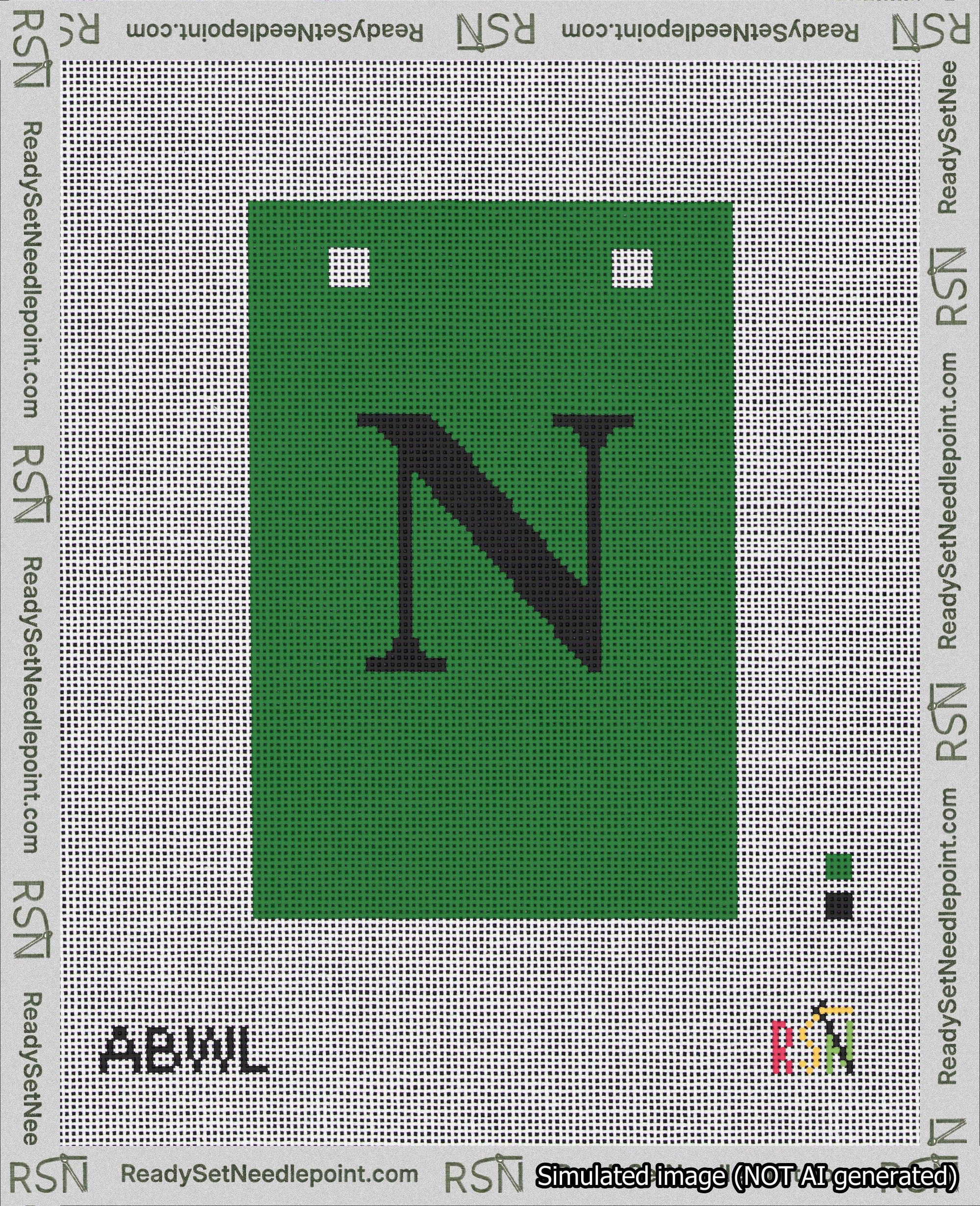 A taped needlepoint canvas with the design: Banner 18 mesh count Squared N Black on Green.