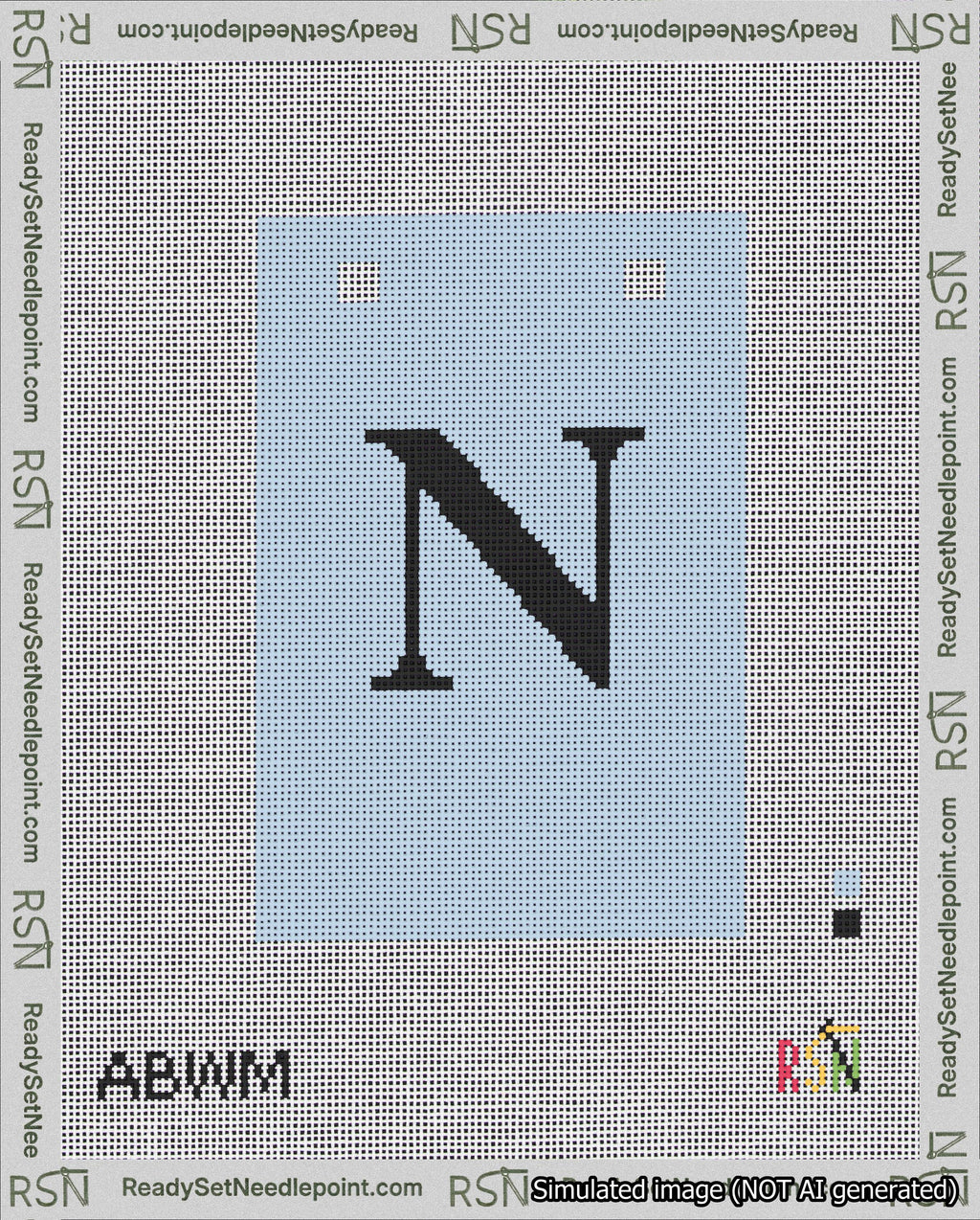 A taped needlepoint canvas with the design: Banner 18 mesh count Squared N Black on Light Blue.
