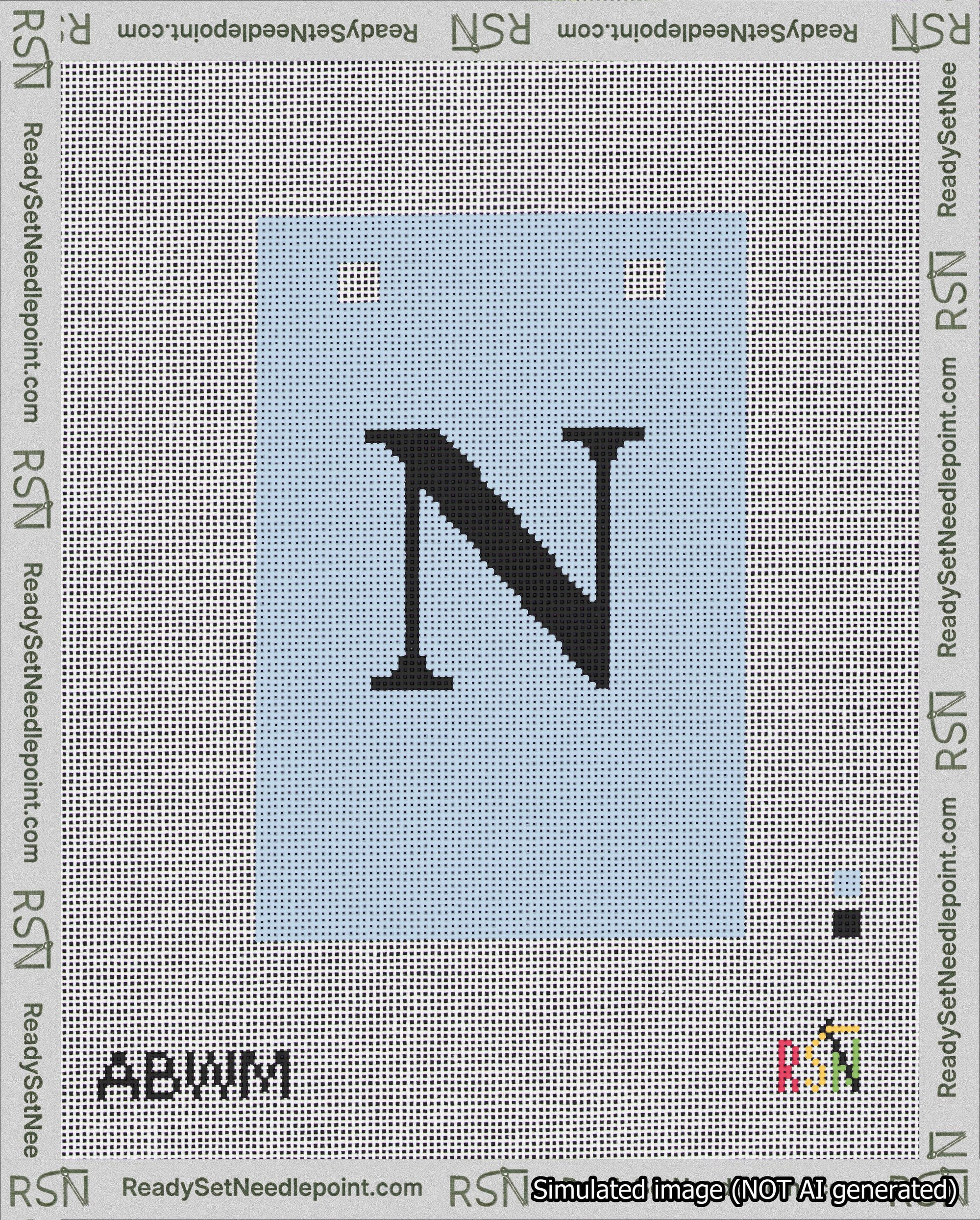 A taped needlepoint canvas with the design: Banner 18 mesh count Squared N Black on Light Blue.