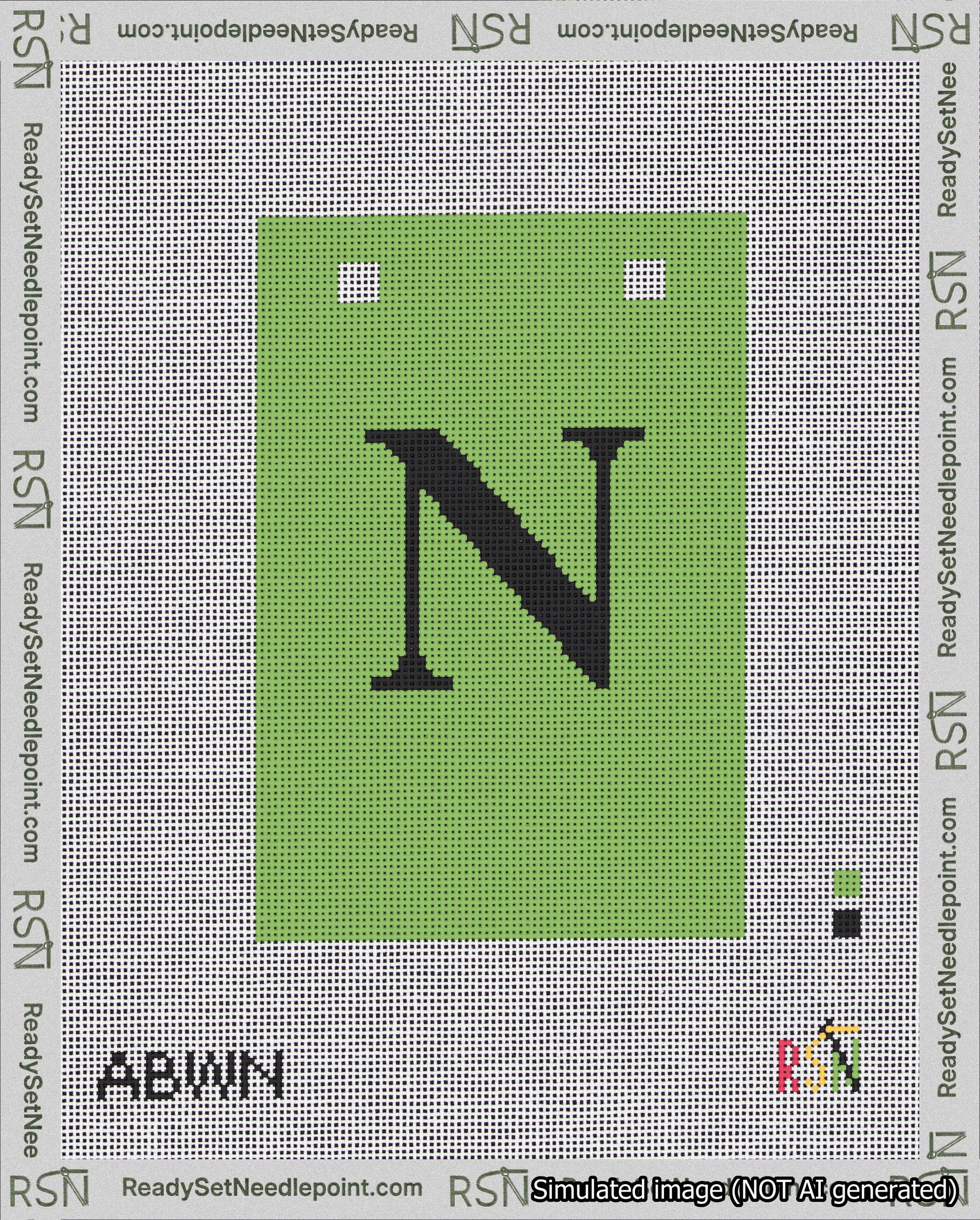 A taped needlepoint canvas with the design: Banner 18 mesh count Squared N Black on Light Green.