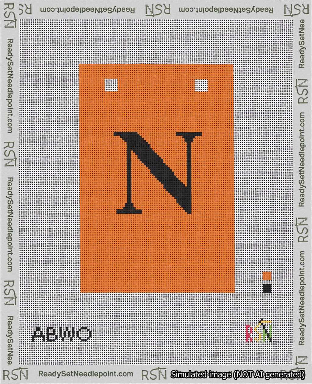 A taped needlepoint canvas with the design: Banner 18 mesh count Squared N Black on Orange.