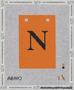 A taped needlepoint canvas with the design: Banner 18 mesh count Squared N Black on Orange.