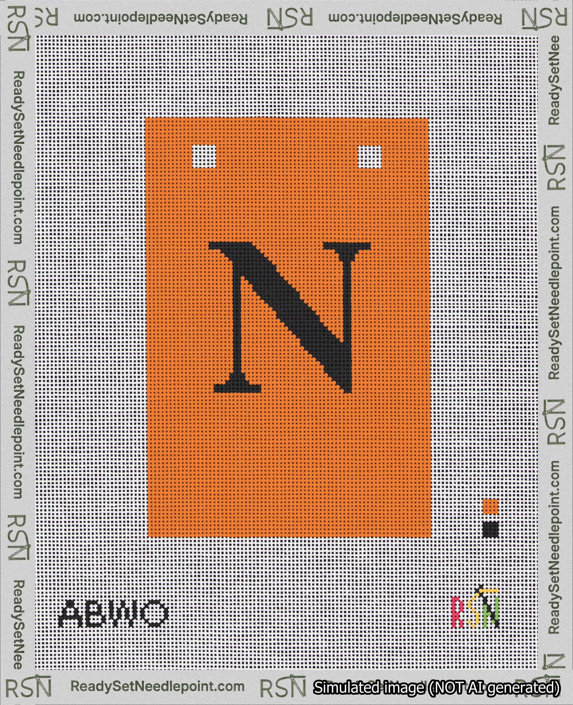 A taped needlepoint canvas with the design: Banner 18 mesh count Squared N Black on Orange.