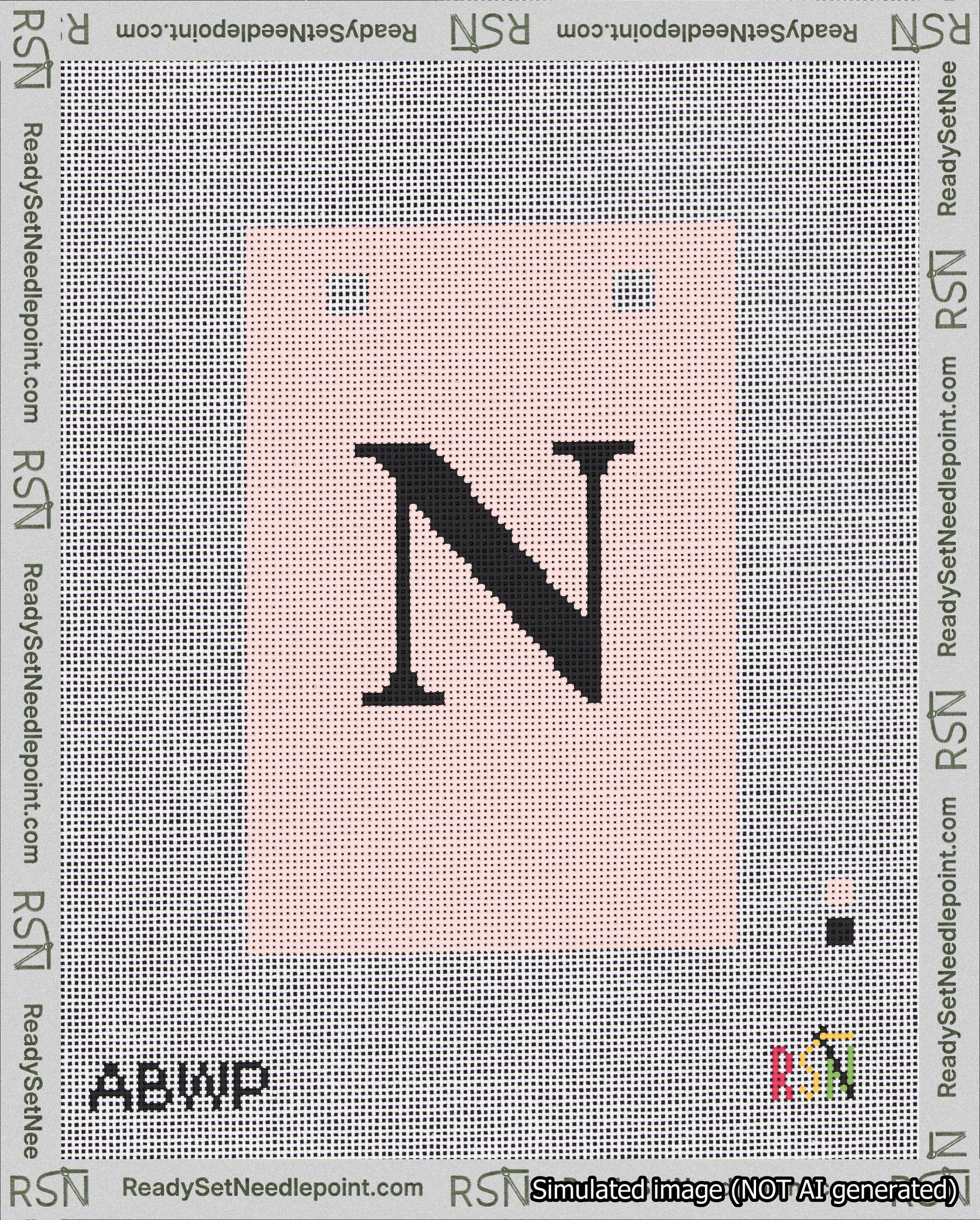 A taped needlepoint canvas with the design: Banner 18 mesh count Squared N Black on Pink.