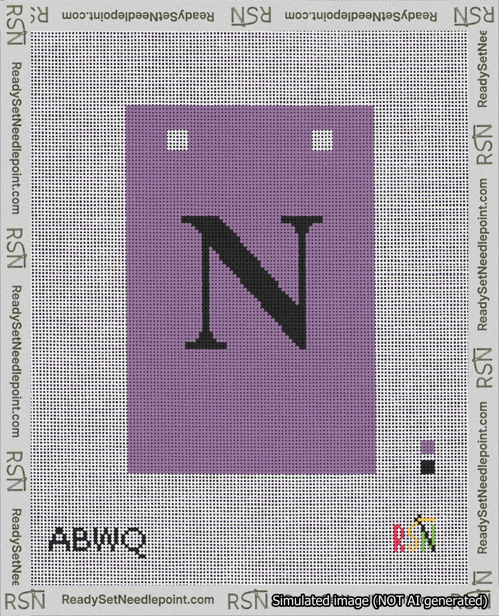 A taped needlepoint canvas with the design: Banner 18 mesh count Squared N Black on Purple.