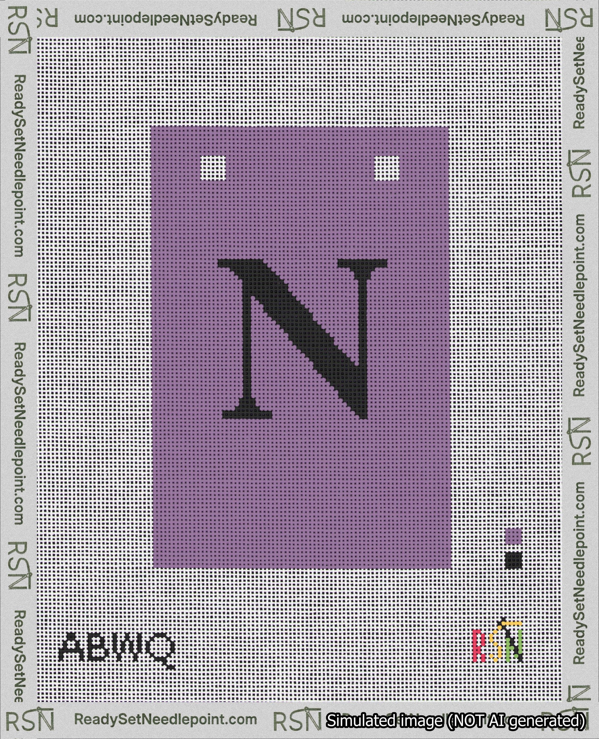 A taped needlepoint canvas with the design: Banner 18 mesh count Squared N Black on Purple.