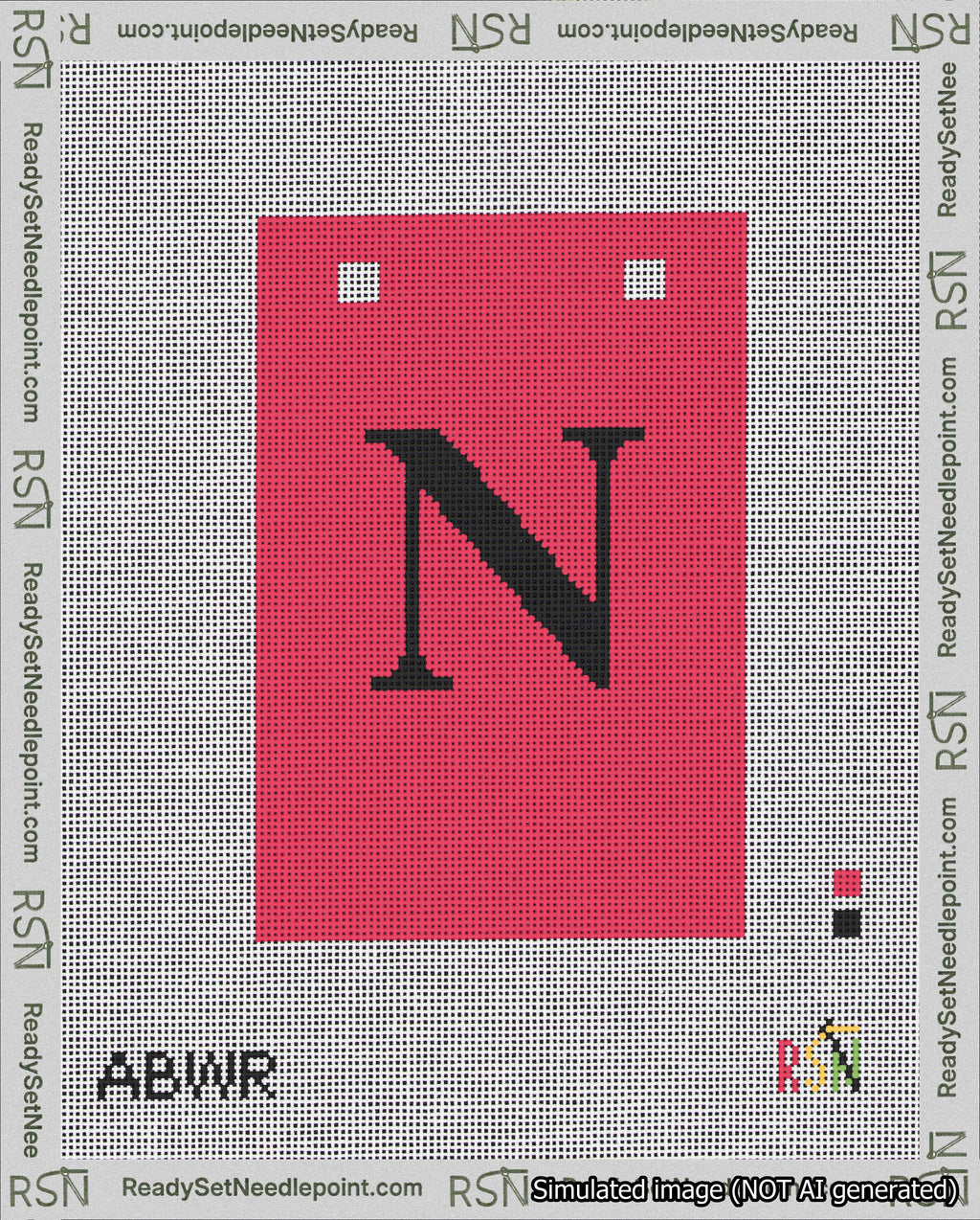 A taped needlepoint canvas with the design: Banner 18 mesh count Squared N Black on Red.