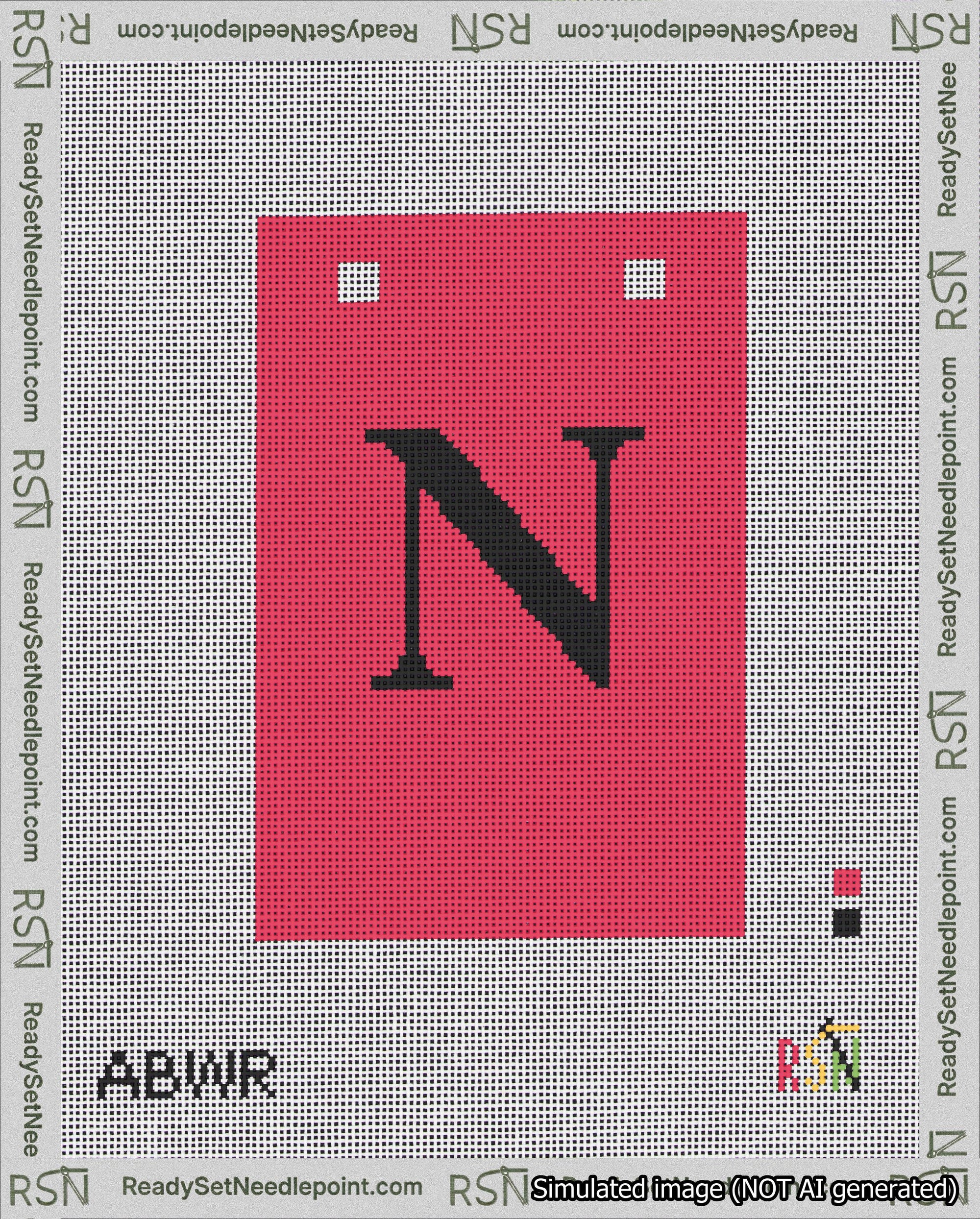 A taped needlepoint canvas with the design: Banner 18 mesh count Squared N Black on Red.