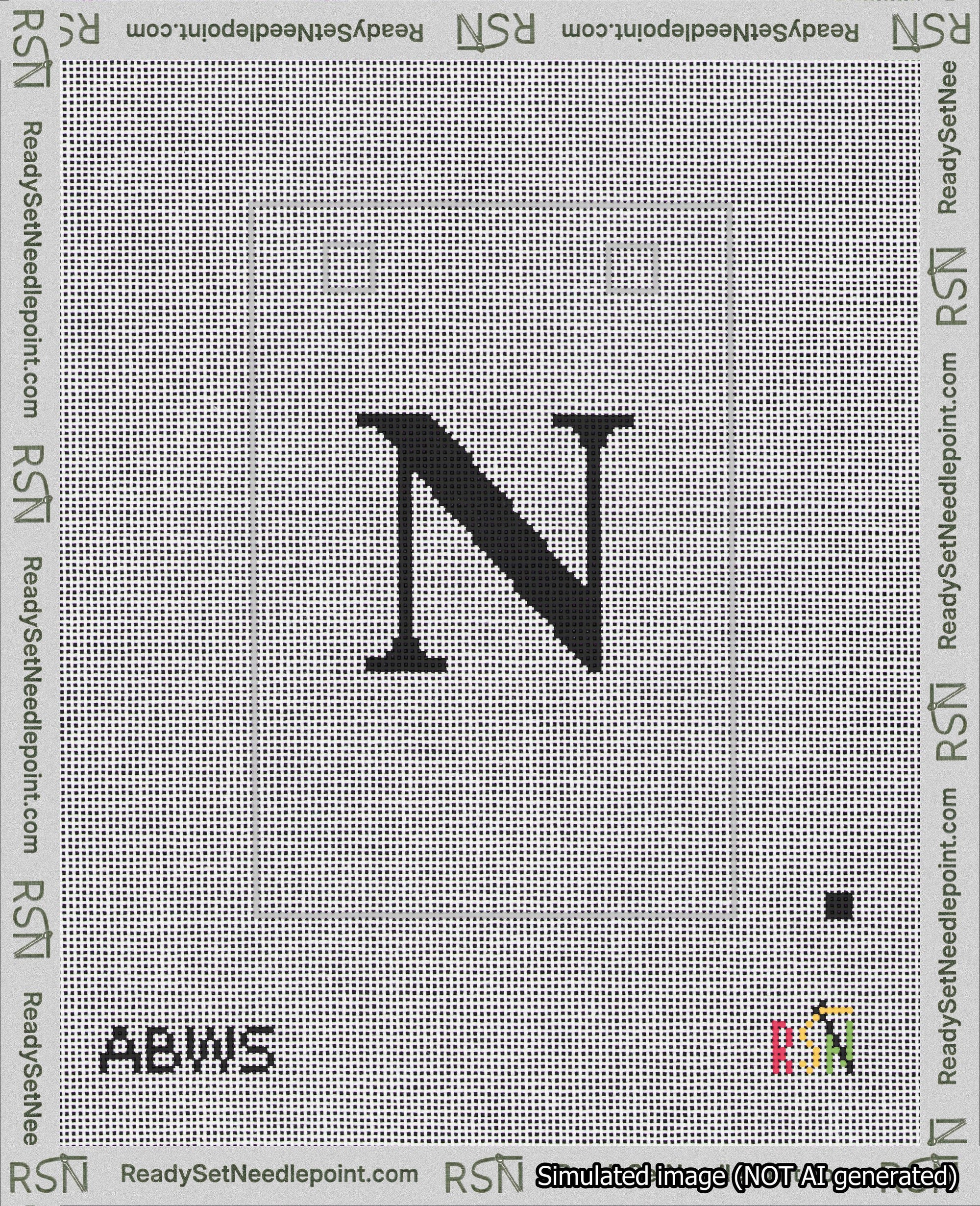 A taped needlepoint canvas with the design: Banner 18 mesh count Squared N Black on White.