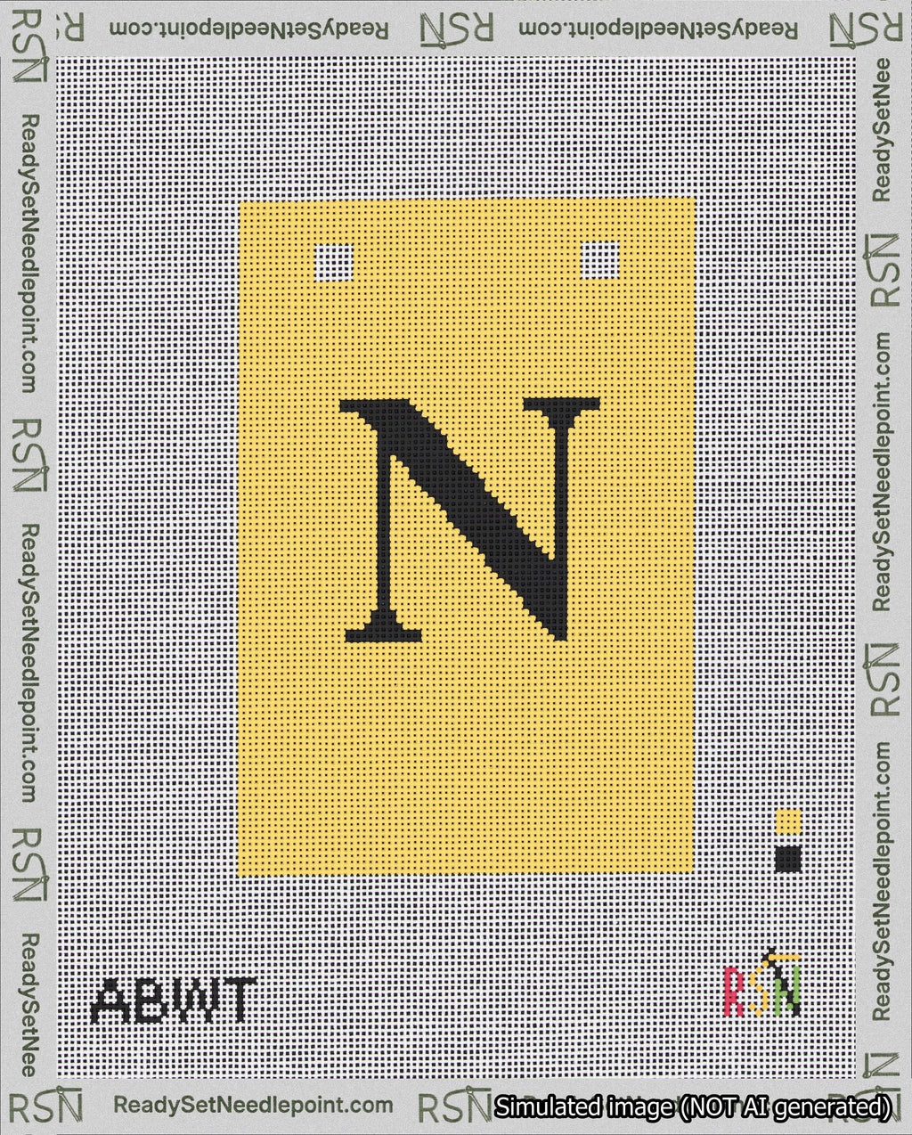 A taped needlepoint canvas with the design: Banner 18 mesh count Squared N Black on Yellow.