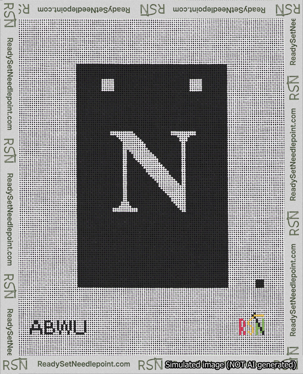 A taped needlepoint canvas with the design: Banner 18 mesh count Squared N White on Black.