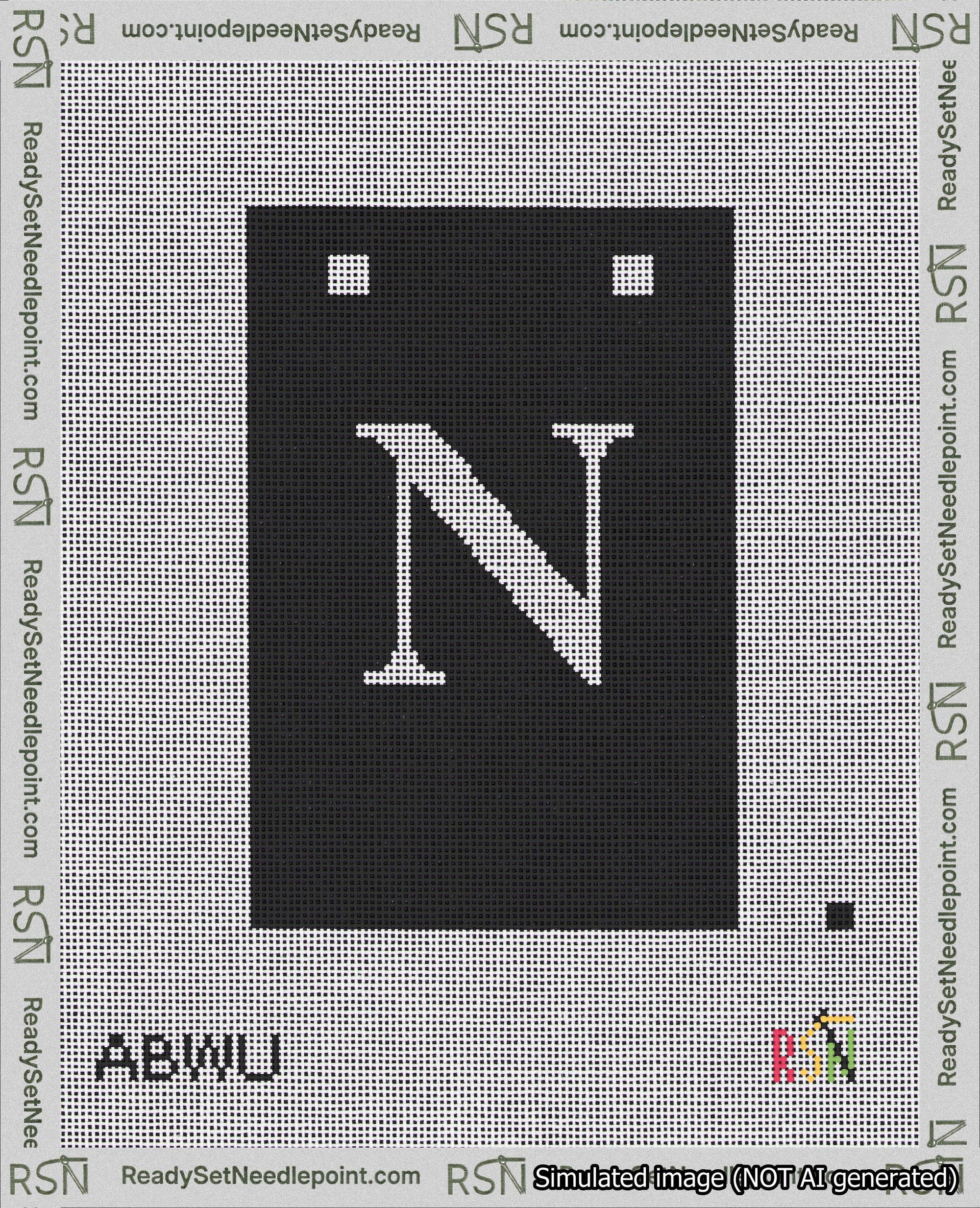 A taped needlepoint canvas with the design: Banner 18 mesh count Squared N White on Black.