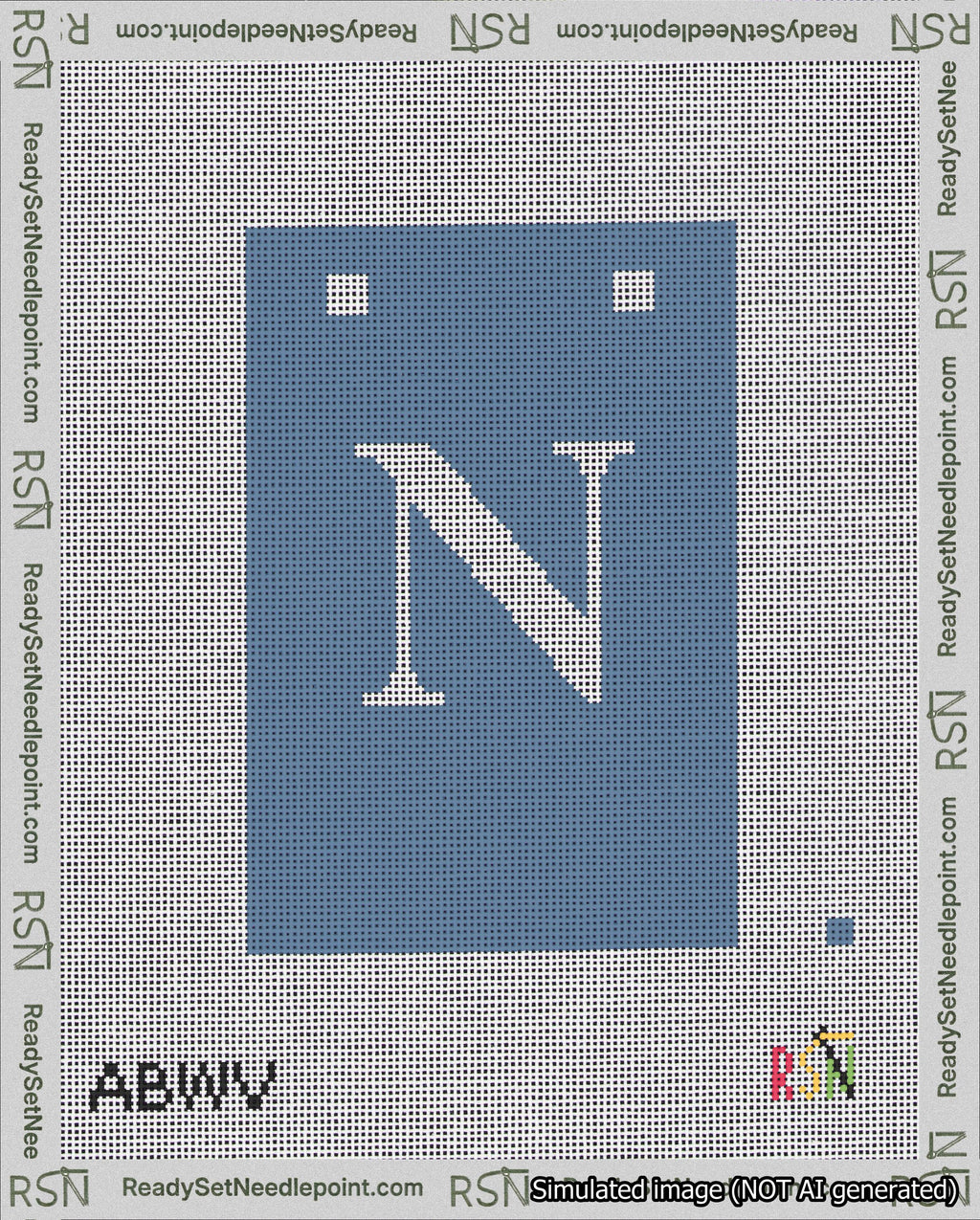 A taped needlepoint canvas with the design: Banner 18 mesh count Squared N White on Blue.