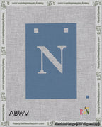 A taped needlepoint canvas with the design: Banner 18 mesh count Squared N White on Blue.