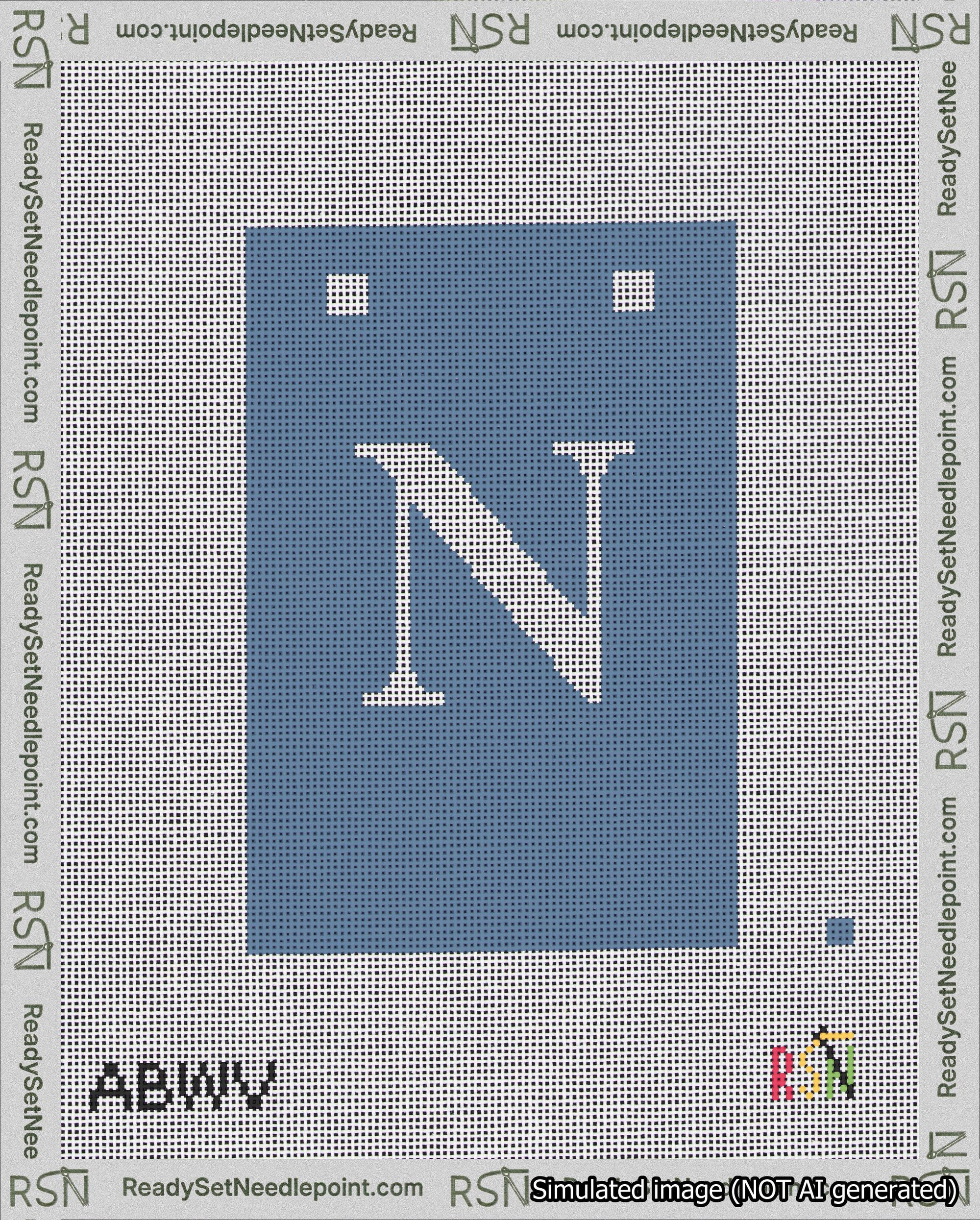 A taped needlepoint canvas with the design: Banner 18 mesh count Squared N White on Blue.
