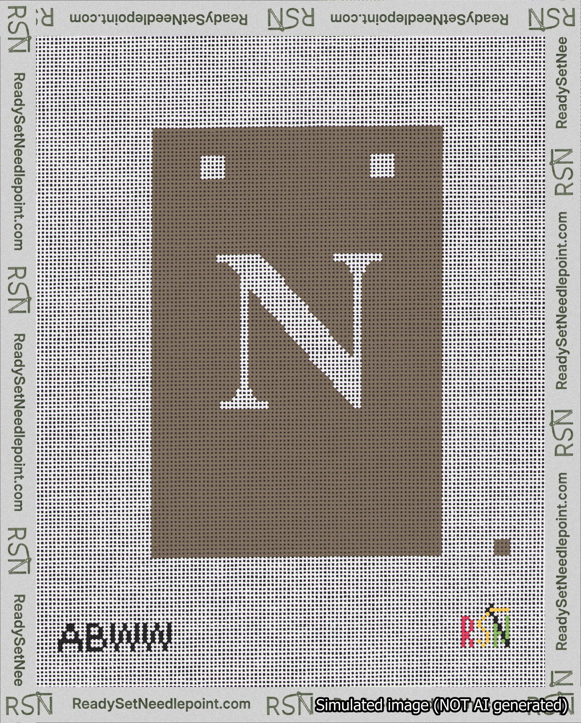 A taped needlepoint canvas with the design: Banner 18 mesh count Squared N White on Brown.